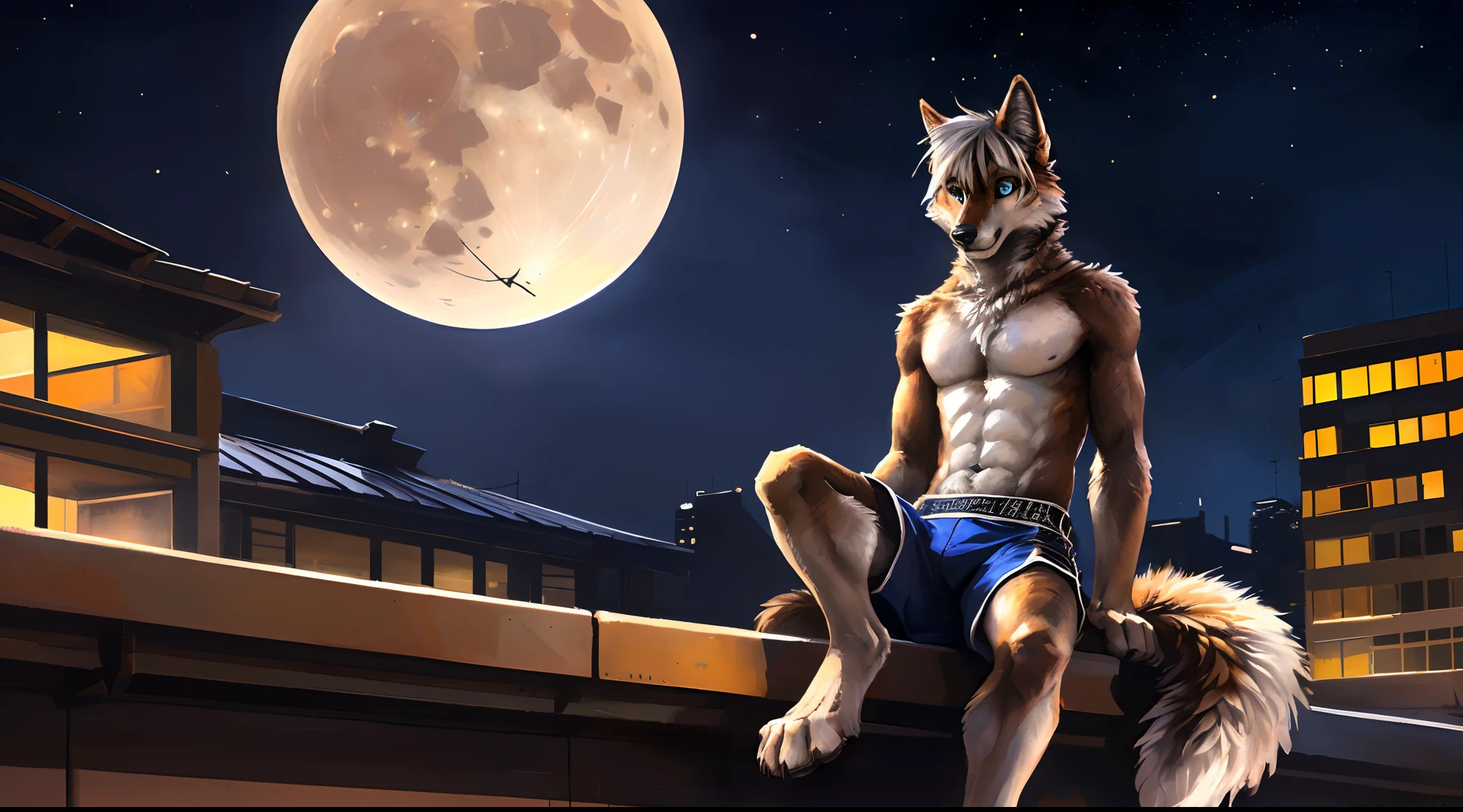 ((Solo)), male people, anthro wolf, (Multi-colored fur, White-brown:1.3), ((Wolf face, White hair, Big eyes, White eyelids, Blue pupil, Slim:1.2) (Tough, Calm expression:1.2)), Abs, Slim, pinging)), (Correct anatomy), (Work shorts:1.1), (Contour bone:1.2), The upper body is naked, (detailed outfits),A big tail，Feet，Long legs，(Realistic fur, Detailed fur texture, labeled:1.3)), (Natural lighting), Photorealistic, Hyperrealistic, ultradetailed, by Kenket，In the modern city，Roof roof，the night，Sit alone，Look at a full moon，It was dark，Starry