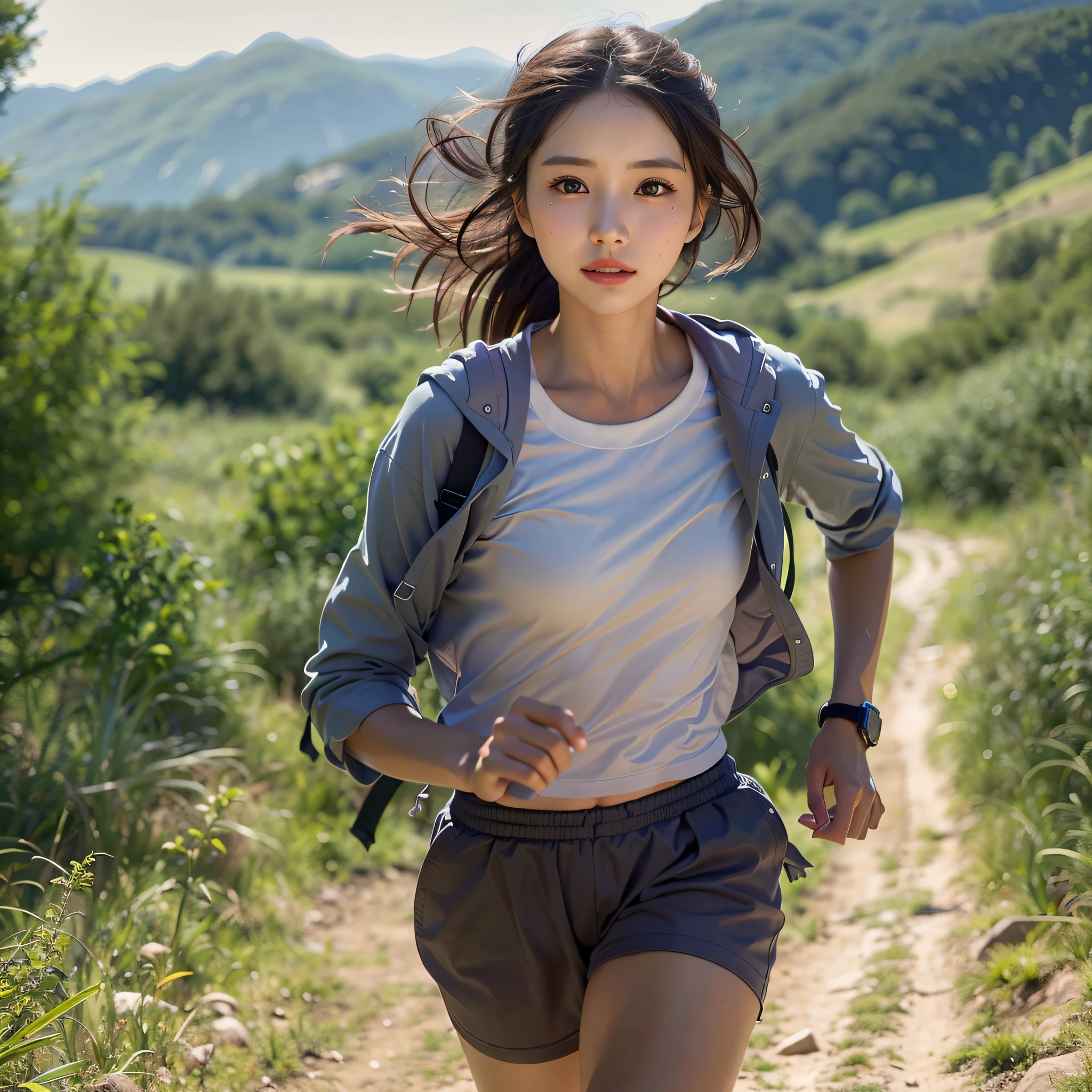 1 garota: 1.3, Sozinho, 8K, paisagem montanhosa, Mulher correndo em um caminho de terra, na natureza, Filmado de curta distância, Observando o espectador, (Obra de arte), (melhor qualidade), alta resolução, (fotorealistic: 1.2), (50mm Sigma f/1.4 lentes ZEISS, F1.4, 1/800s, ISO 100, foto: 1.1), ultra detalhado, Renderização com base física, Linda mulher de 20 anos, (Rosto muito detalhado: 1.5), Rosto pequeno, olhando para frente, mãos finas, conteúdo, Peito Médio, cintura média, Sorriso:1.5, Cabelo preto, (Lábios finos, Brilho labial: 1.3), tanto suor, pele brilhante, (branco, Camiseta longa: 1.5): 0.2, shorts de corrida preto, foco no rosto