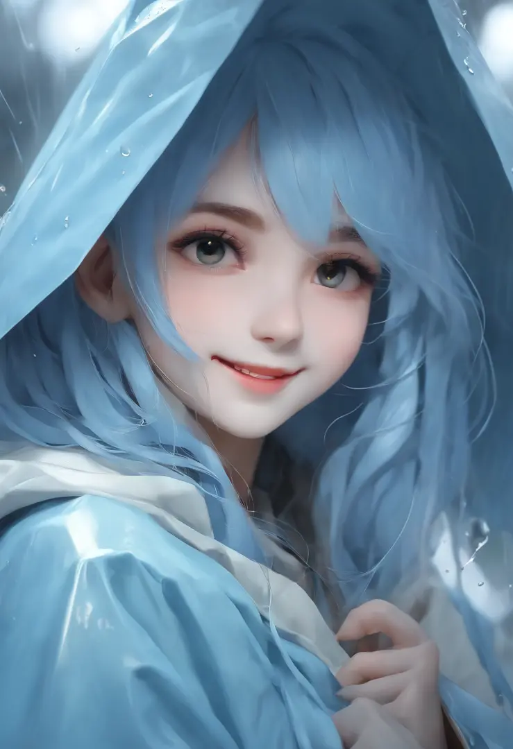 (((1girl))), (((White Face))), (((Long hair))), (((Blue hair))), (((Wave hair)), (((light blue RainCoat))), ((smile face))), HIGH QUALITY, MASTERPIECE, EXTREME DETAIL