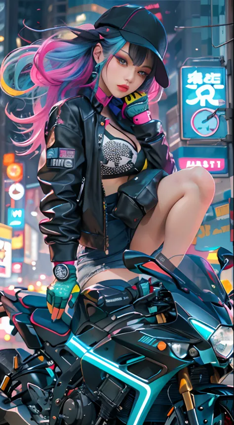 masutepiece, Best quality, Confident cyberpunk girl, Full body shot, ((Stand in front of the motorcycle)), Popular clothing inspired by Harajuku, Bold colors and patterns, Eye-catching accessories, Stylish and innovative hairstyle, Bright makeup, Cyberpunk...