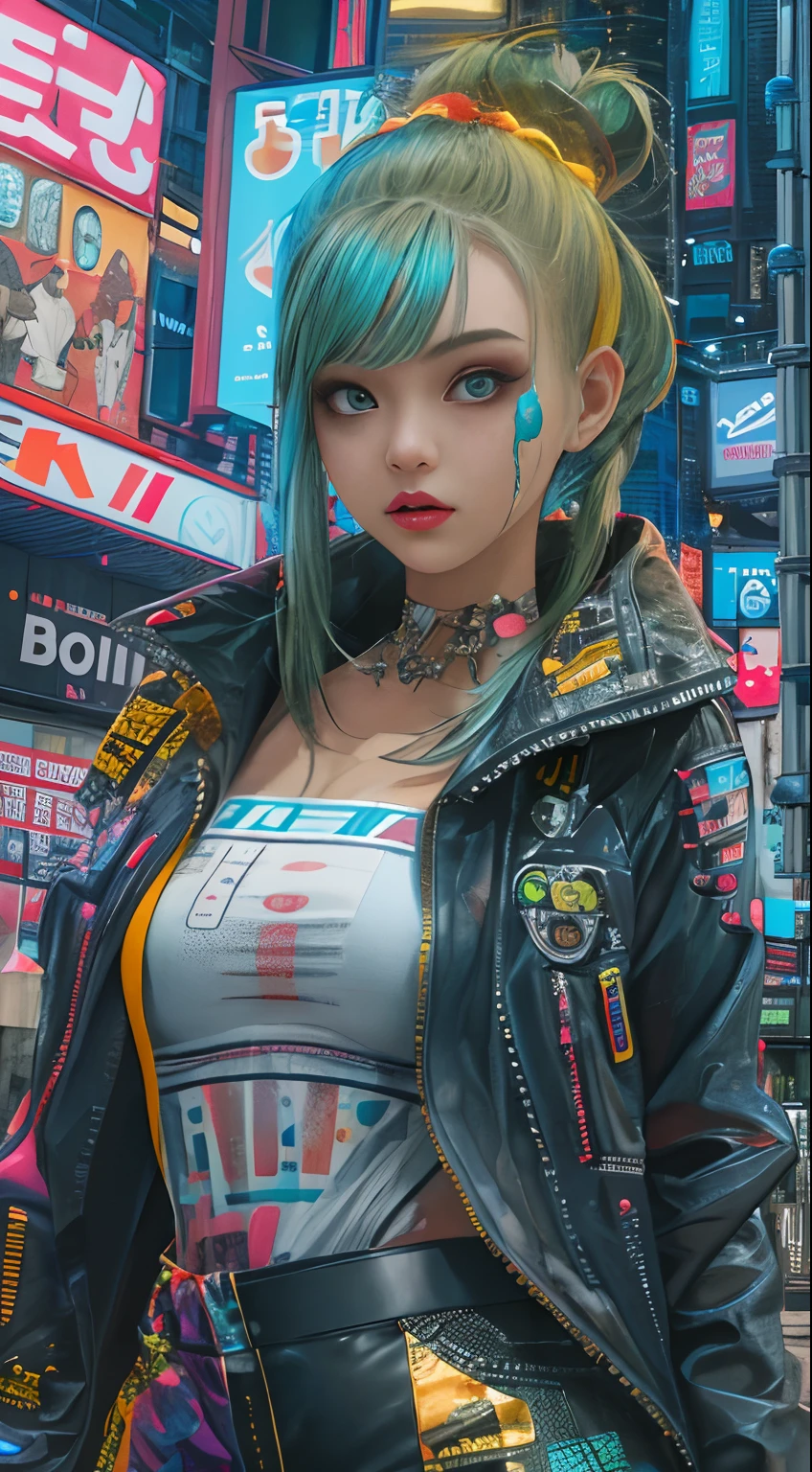 chef-d&#39;œuvre, Meilleure qualité, 1 fille cyberpunk, Prise de vue complète du corps, Tenez-vous à côté de la moto, Fille cyberpunk confiante avec une expression géniale, Costumes populaires dans le style Harajuku, couleurs et motifs audacieux, des accessoires accrocheurs, coiffure tendance et innovante, maquillage vibrant, Le paysage urbain éblouissant du Cyberpunk, gratte ciel, enseignes au néon, lumières LED, palette de couleurs vives et vives, anime gros seins, illustration, texture de peau détaillée, texture de tissu détaillée, beau visage détaillé, détails complexes, ultra détaillé.