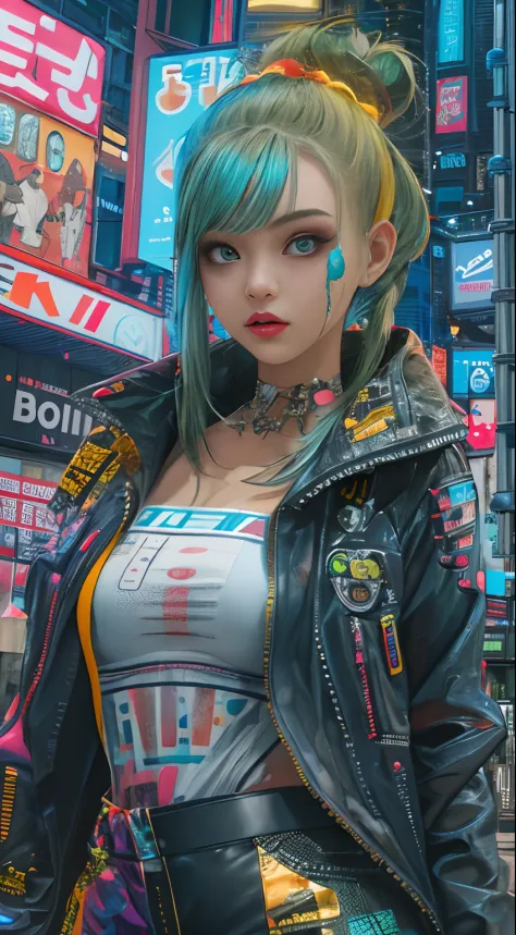 Masterpiece, Best quality, 1 Cyberpunk Girl, Full body shot, Stand next to the motorcycle, Confident cyberpunk girl with funky e...