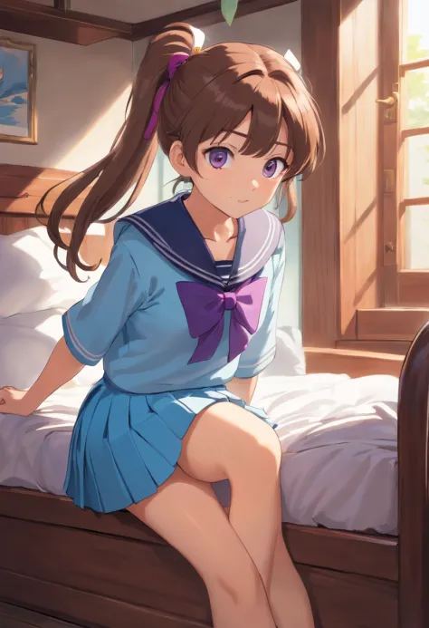 Beautiful illustration、top-quality、12 year old girl with brown ponytail and medium hair tied with purple elastic. Her S is very small. Her eyes are dark blue、on the beds、(((light blue pleated skirt)))、(((a sailor suit)))、shortsleeves、Small、Flipping up the ...