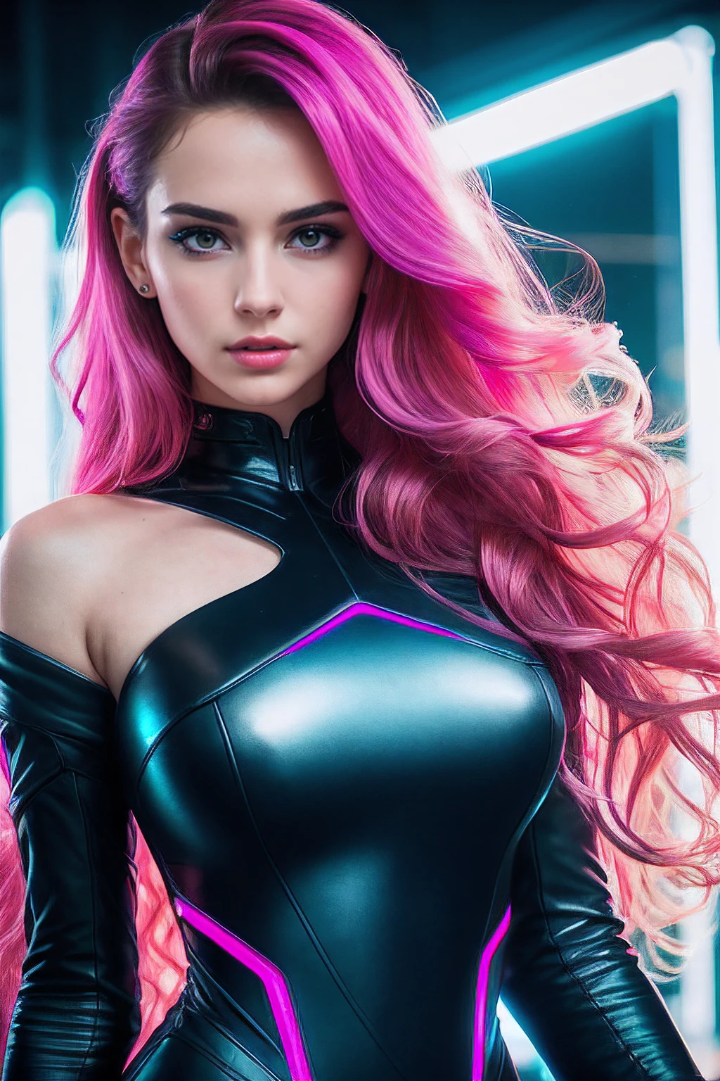 amoled ultra realistic photograph of a 2 european girl, RAW, beautiful woman, (extra long wavy black hair), ((portrait)), ((detailed face:1.2)), ((detailed facial features)), (finely detailed skin), pale skin, (high detailed deep cleavage cyberpunk steel dress), black background, (cold colors), damp, moist, reflections, (masterpiece) (perfect proportion)(realistic photo),(best quality), (detailed), (strong amoled pink and blue neon lighting), (sharp focus) (intricate)