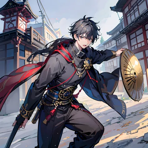 A man holding a sword and shield with mouth wide open, black hair, brown eyes, male paladin, golden armour, traditional Japenese...