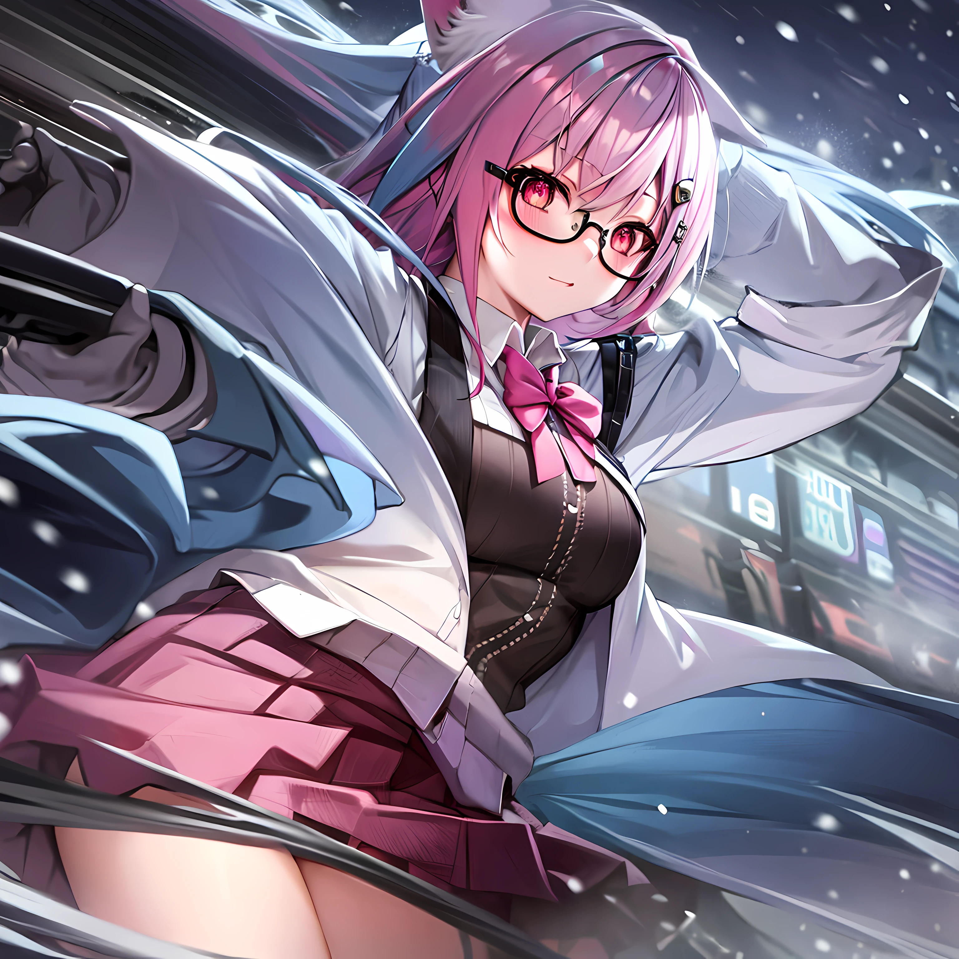 girls, pink hair, blue yellow eye, wolf ear, glasses, short skirt, school uniform, park theme, night theme, snowing, medium breast, stocking, horsetail