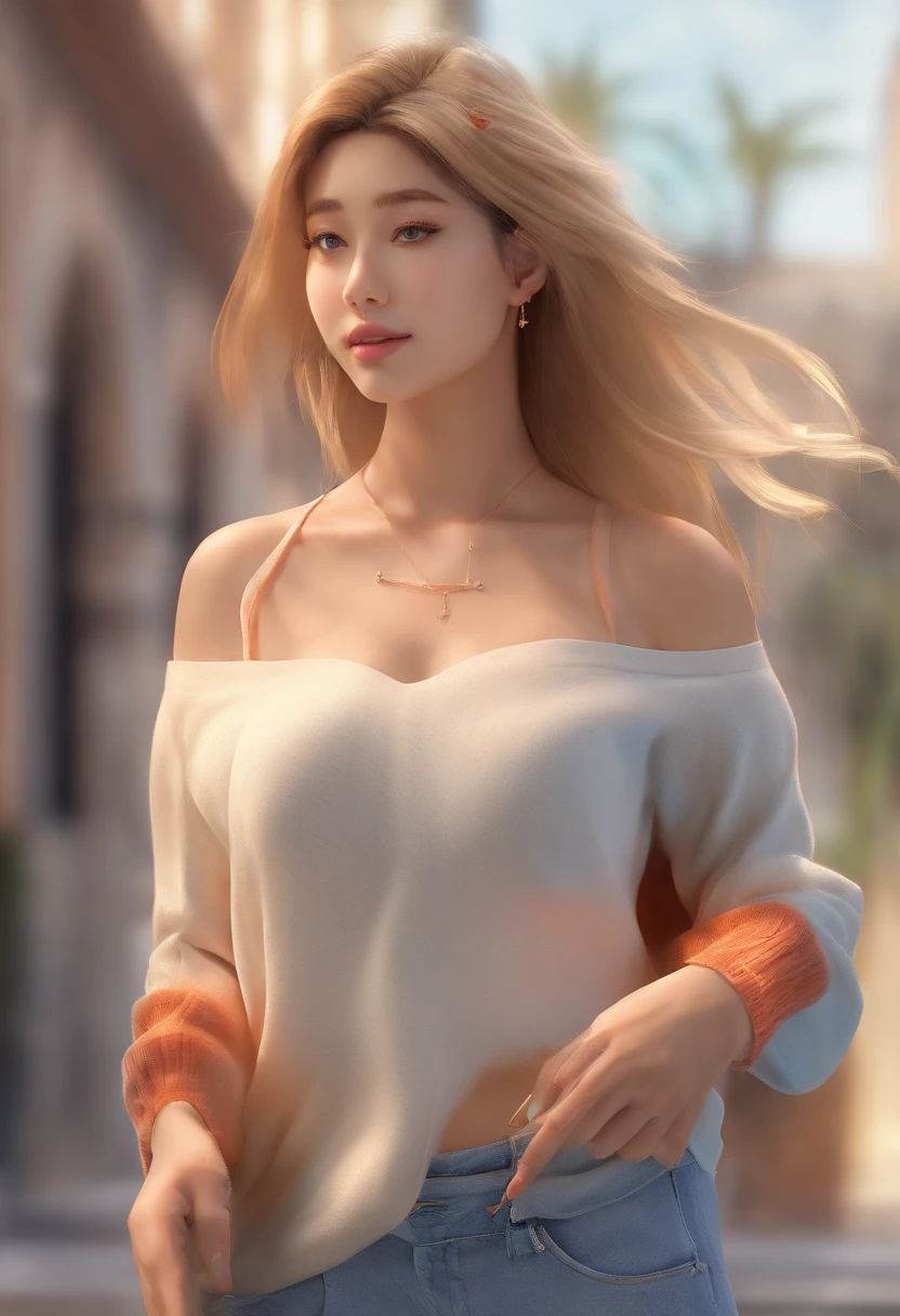 A woman with long hair and a white top is walking down the street - SeaArt  AI