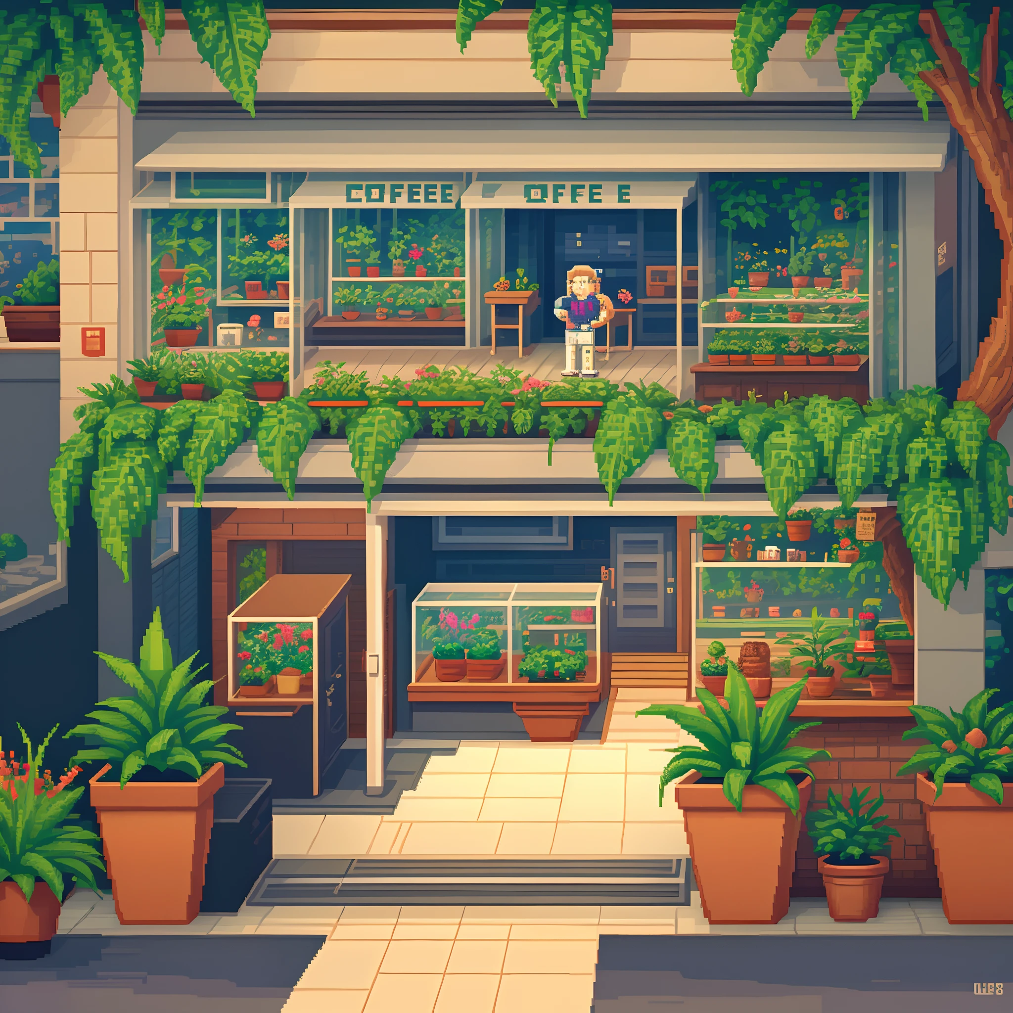 pixel art　Pixel art　Isotomeric diagram　
8bit pixel art　cafes　coffee　a plant　evening　In the street　houseplant