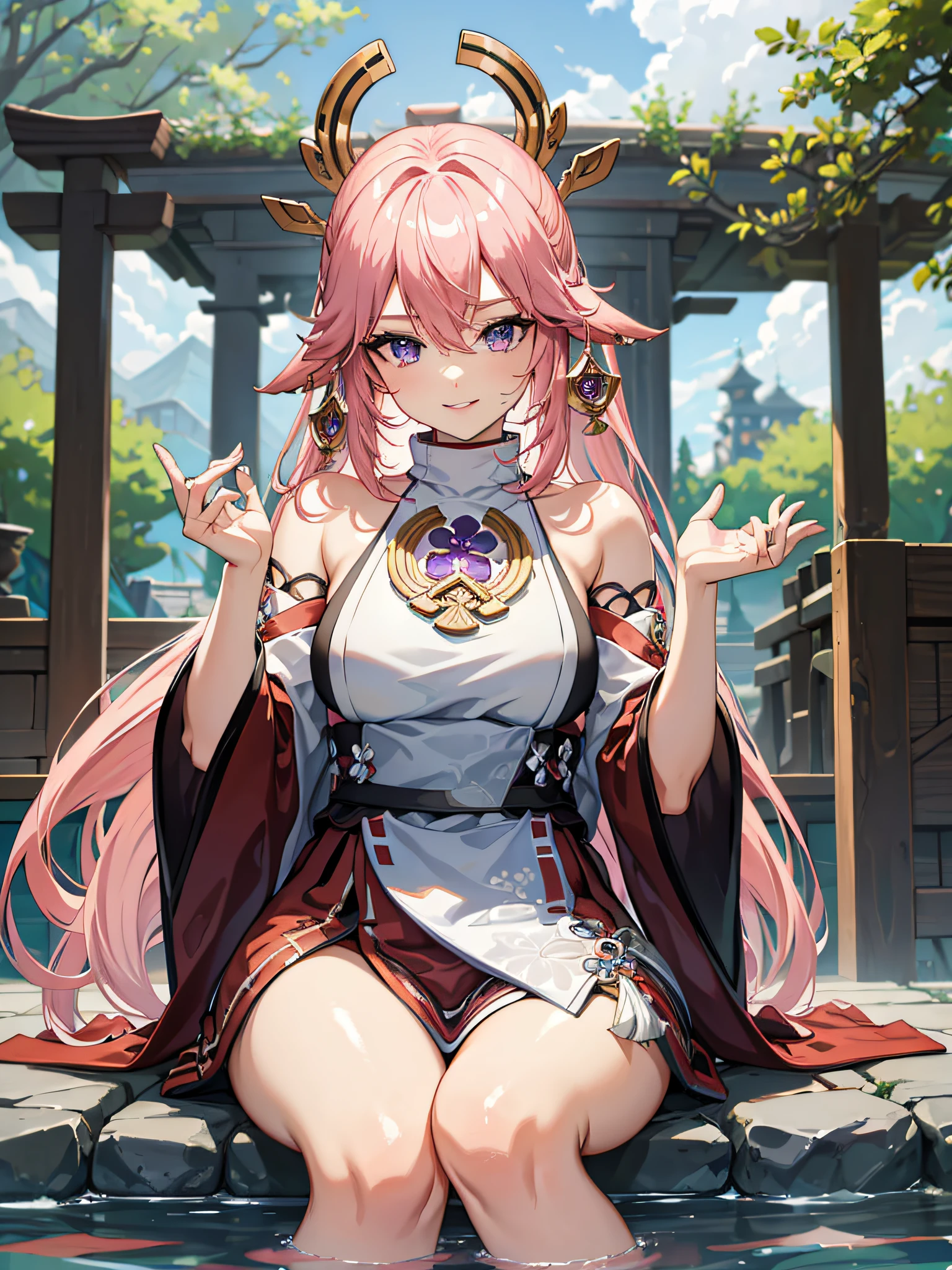 (masterpiece, best quality:1.2), highres, high resolution, solo, 1girl, yae miko, pink hair, side locks, long hair, purple eyes, smile, looking at viewer, seiza, hair ornament, Japanese clothes, sideboob, jewelry, earrings, large breast, large boobs, large chest, light smile, teeth, bare shoulders, portrait shot, upper body shot, BREAK outdoors, sitting, hot spring, legs in water, legs crossed, legs, thighs, steps, blur background, standing, beautiful face, perfect fingers, perfect anatomy. PORTRAIT SHOT, masterpiece, high quality.