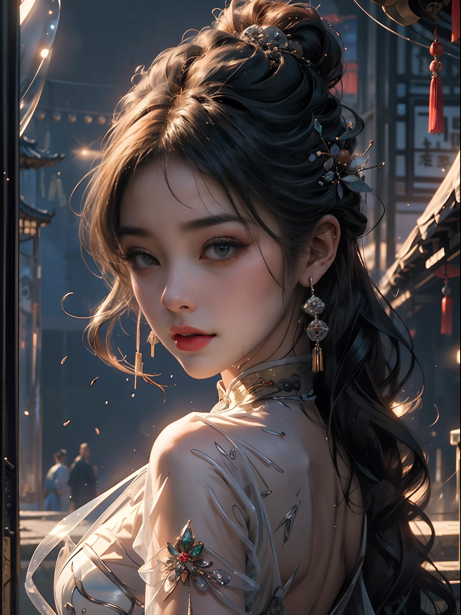 (RAW: 1.2), (Realistic: 1.4), (Clarity: 1.4), (((beautiful Chinese woman ((body facing camera)) in tea house))), ((beautiful detailed face)), (cowboy shot), ((Height: 2.0)), (Precious stones refract dazzling light))), (Pale skin, thin skin, seductive expression, double eyelids, lips with gelatinous texture, glossy lips, small cherry mouth, shiny hair on the forehead, (((flawless skin texture)))), (using gems, pearls, emerald, amber), (dynamic hair, (fringe and bangs hairstyle), layered hair, wet hair, loose hair), (wet skin texture), shiny skin, glowing skin, radiant, eyes looking at camera, High Quality Detail, Cinematic Lighting, ((Backlight)), Ultra Detailed, High Resolution, Very Detailed, Best Quality, Masterpiece, Illustration, Very Detailed, CG, Unified, 8k Wallpaper, Incredible, Fine Detail, Masterpiece, Light on Face, Backlight,  Cinematic lighting, ((Dynamic Pose)), (((Clothing: ((transparent)) cheongsam made of ((transparent plastic)), high slit design))), (Precious stones, diamonds, pendants, necklaces, waist chains, earrings.