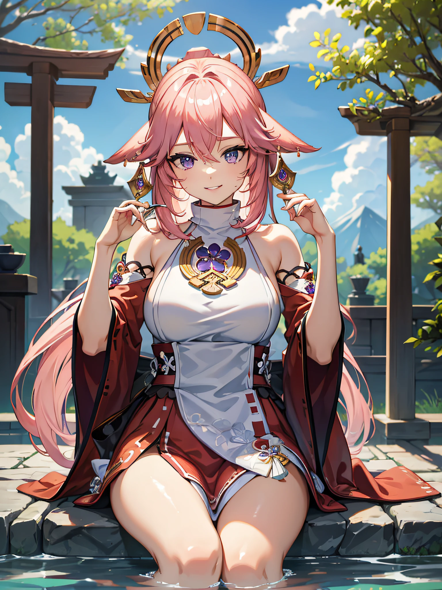 (masterpiece, best quality:1.2), highres, high resolution, solo, 1girl, yae miko, pink hair, side locks, long hair, purple eyes, smile, looking at viewer, seiza, hair ornament, Japanese clothes, sideboob, jewelry, earrings, large breast, large , large chest, light smile, teeth, bare shoulders, portrait shot, upper body shot, BREAK outdoors, sitting, hot spring, legs in water, legs crossed, legs, thighs, steps, blur background, standing, beautiful face, perfect fingers, perfect anatomy. PORTRAIT SHOT, masterpiece, high quality.