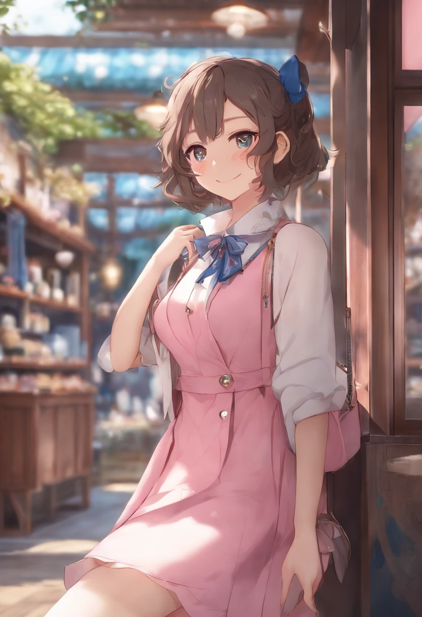 Anime girl in pink dress leaning against a wall - SeaArt AI