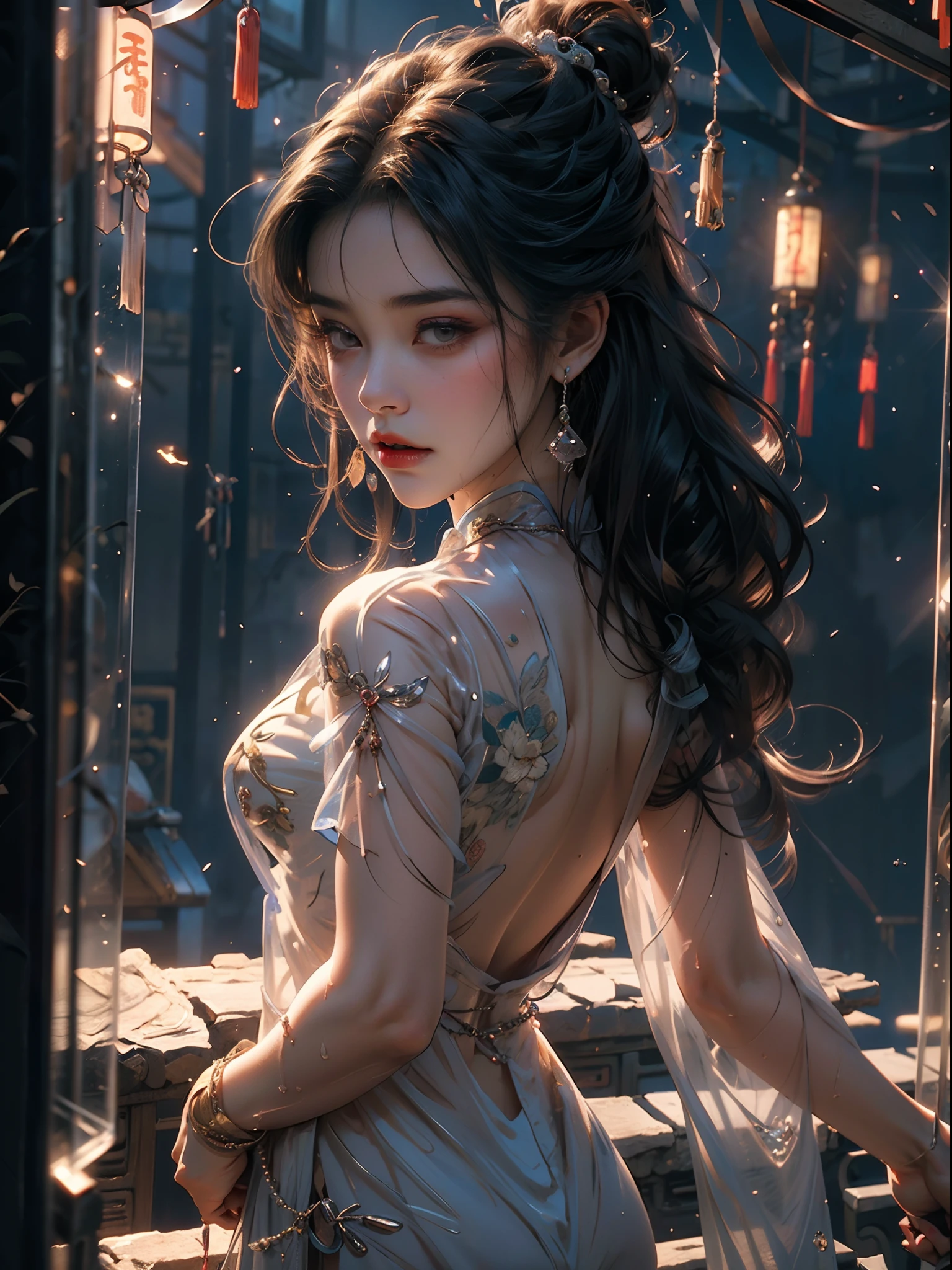 (RAW: 1.2), (Realistic: 1.4), (Clarity: 1.4), (((beautiful Chinese woman ((((body facing camera)))) in tea house))), ((beautiful detailed face)), (cowboy shot), ((Height: 2.0)), (Precious stones refract dazzling light))), (Pale skin, thin skin, seductive expression, double eyelids, lips with gelatinous texture, glossy lips, small cherry mouth, shiny hair on the forehead, (((flawless skin texture)))), (using gems, pearls, emerald, amber), (dynamic hair, (fringe and bangs hairstyle), layered hair, wet hair, loose hair), (wet skin texture), shiny skin, glowing skin, radiant, eyes looking at camera, High Quality Detail, Cinematic Lighting, ((Backlight)), Ultra Detailed, High Resolution, Very Detailed, Best Quality, Masterpiece, Illustration, Very Detailed, CG, Unified, 8k Wallpaper, Incredible, Fine Detail, Masterpiece, Light on Face, Backlight,  Cinematic lighting, ((Dynamic Pose)), (((Clothing: ((transparent)) cheongsam made of ((transparent plastic)), high slit design))), (Precious stones, diamonds, pendants, necklaces, waist chains, earrings.