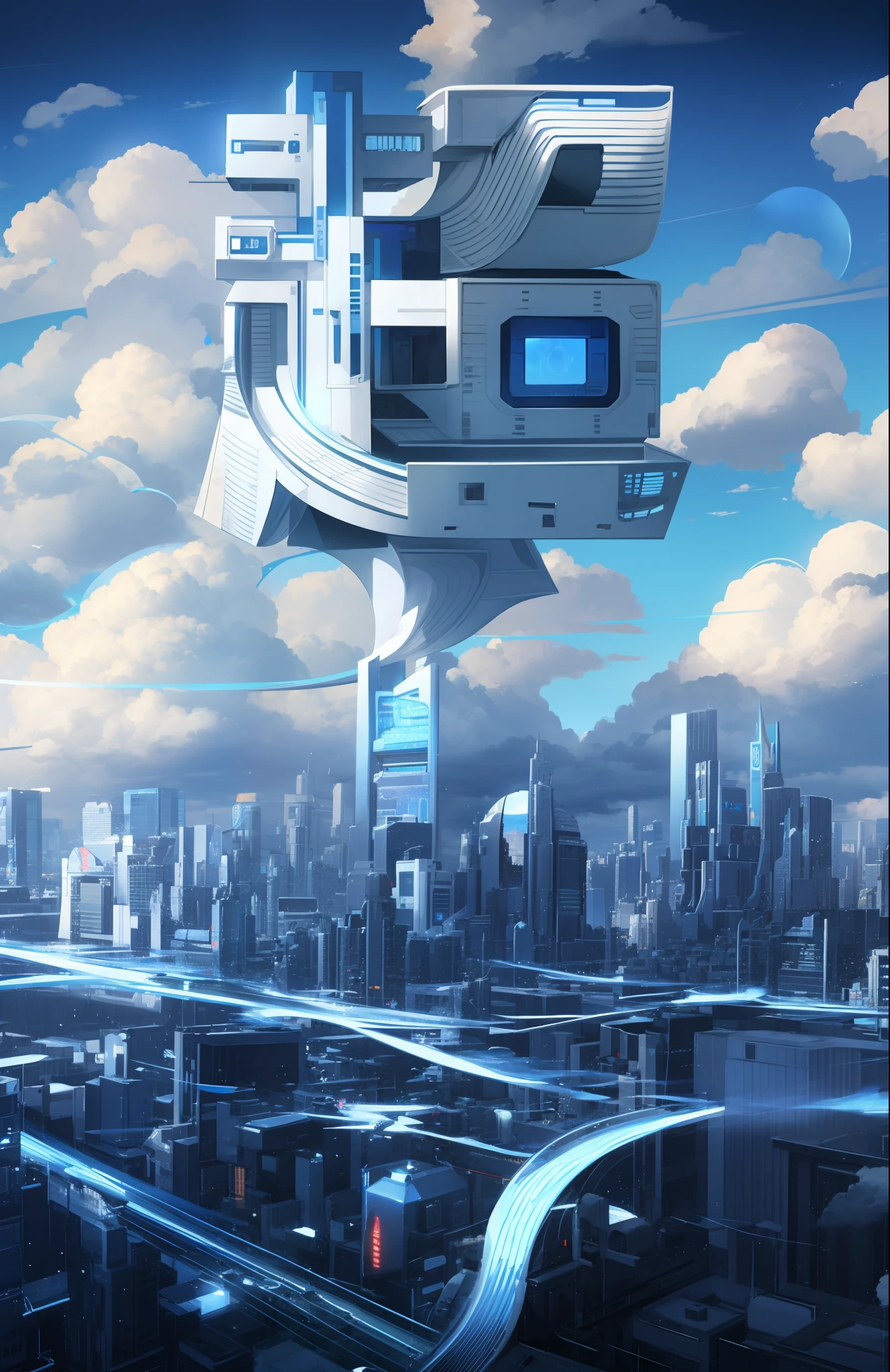 未来之城、机器人、平民、天空中飘浮着厚厚的云彩、连接城市网络、高大的房子、蓝天、未来主义、发光主义、射线追踪、特写乳沟、卡农、超高清、杰作、高细节、高品质、高分辨率 -- v 6