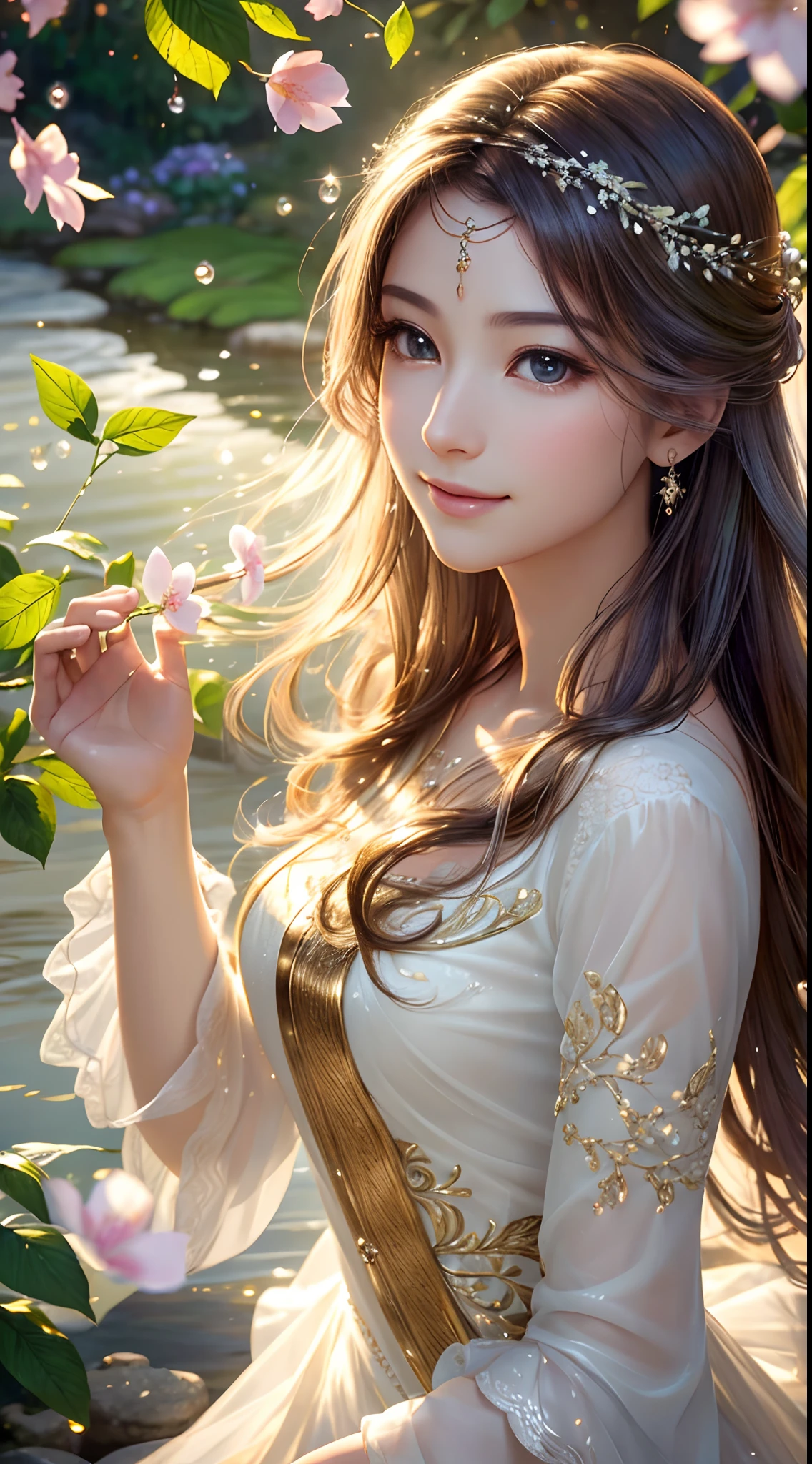 (Best quality,4K,A high resolution,Ultra-detailed,Realistic:1.37),Vivid colors,Sunlight,llight rays,bergamot,white blossoms,Beautiful girl,Exquisite features,Flowing hair,Serene expression,Garden setting,Elaborate dress,Soft sunlight,Gentle breeze,Cheerful ambiance,Backlit scene,a hint of smile,ethereal glowing,Fresh in the morning,Long shadows,harmony of nature,subtle reflections,Natural beauty,Twinkling dewdrops,Clear detail,serenity and calm,Sublime ingredients,Arrive at the branch,whispering leaves,Aromatherapy petals,with light glowing,Sparkling highlights,Subtle shadows,Soft focus,Sublime beauty,Whisper natural,Fantastical Atmosphere,Illuminated background.