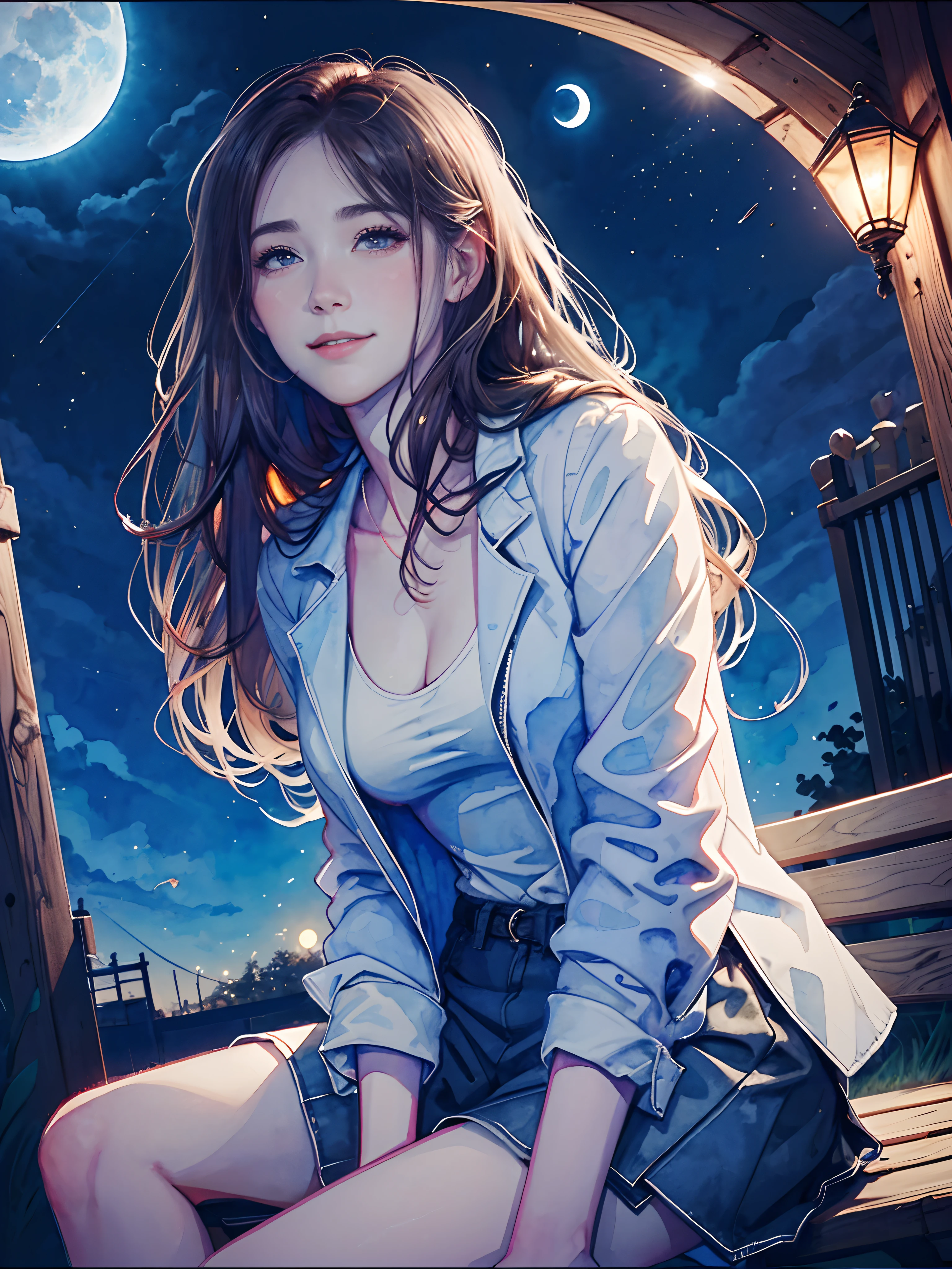 Highest Quality, Highest Quality, (close up:1.3),masutepiece, Ultra-high resolution, 8K, Watercolor style, Watercolor illustration,25-years old, Woman sitting on park bench looking at moon, Looking up from below, Looking up at the moon, From waist to face, Smile, slim, Plain white blouse, Gray jacket, Miniskirt, sneakers, Long brown hair blown by the wind, Night, Park Street street lights, Blue Moon of the Full Moon, Night Park, Susuki growing,watercolor paiting \(Medium\),watercolor paiting