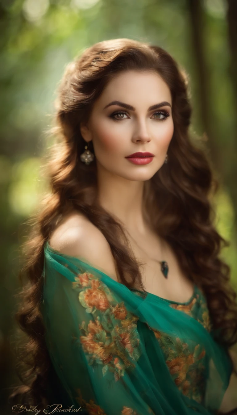 A woman with long hair wearing a green dress and earrings - SeaArt AI