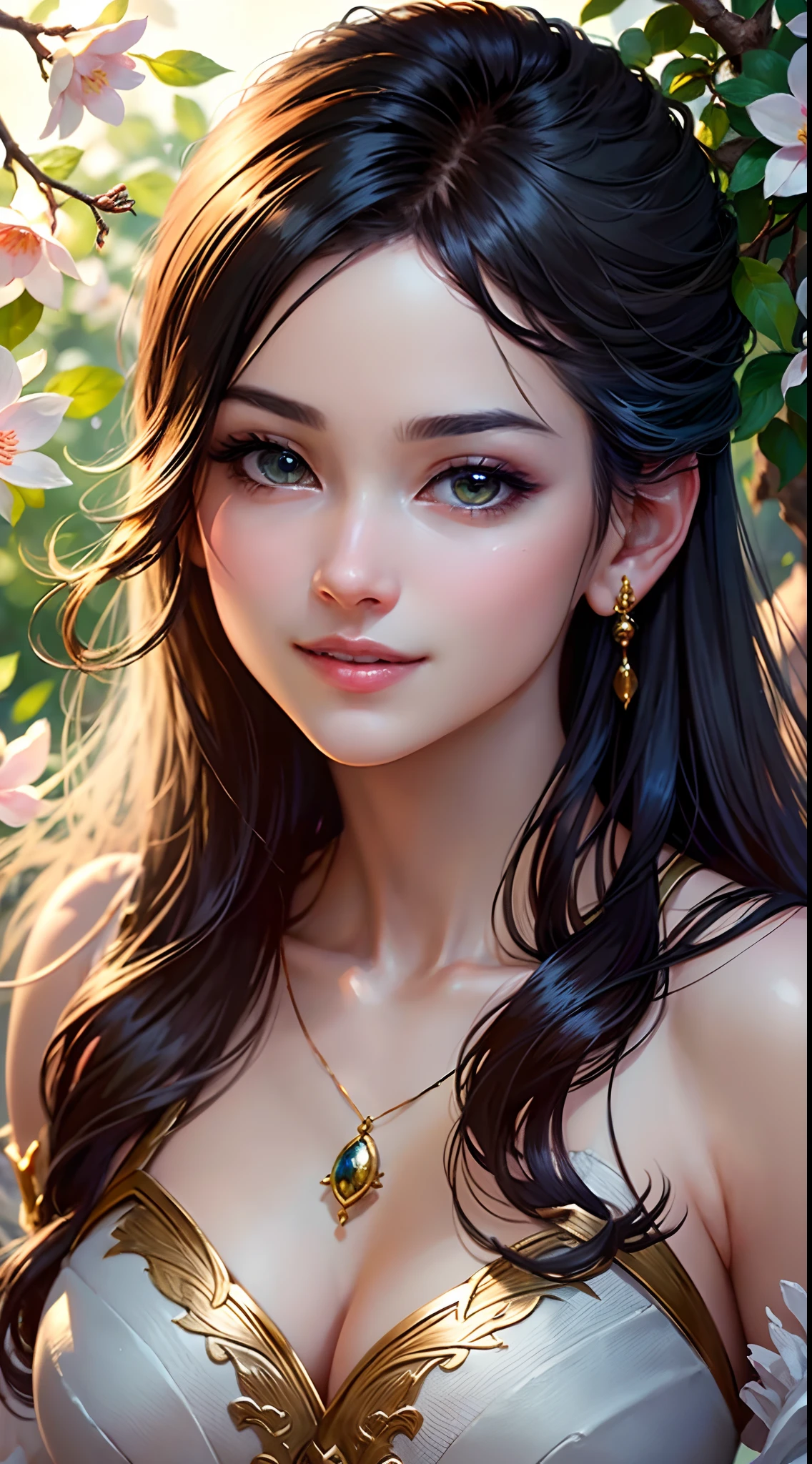 (Best quality,4K,A high resolution,Ultra-detailed,Realistic:1.37),Vivid colors,Sunlight,llight rays,bergamot,white blossoms,Beautiful girl,Exquisite features,Flowing hair,Serene expression,Garden setting,Elaborate dress,Soft sunlight,Gentle breeze,Cheerful ambiance,Backlit scene,a hint of smile,ethereal glowing,Fresh in the morning,Long shadows,harmony of nature,subtle reflections,Natural beauty,Twinkling dewdrops,Clear detail,serenity and calm,Sublime ingredients,Arrive at the branch,whispering leaves,Aromatherapy petals,with light glowing,Sparkling highlights,Subtle shadows,Soft focus,Sublime beauty,Whisper natural,Fantastical Atmosphere,Illuminated background.