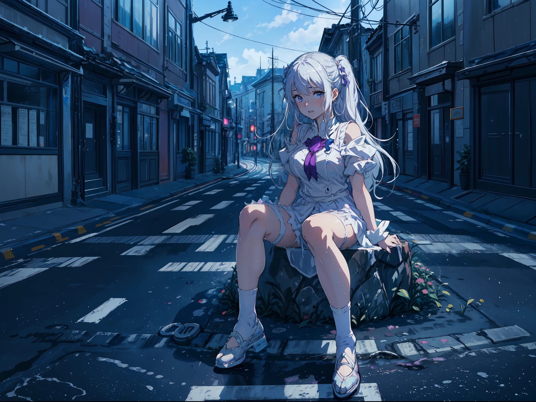 (ANIME ART STYLE), Emilia from re:zero, white long hair, purple eyes, wearing white lingerie, blushing, dynamic pose, sitting knees apart on the middle of the City street, NSFW,wet street, vibrant colours, joyful expression, knees apart.