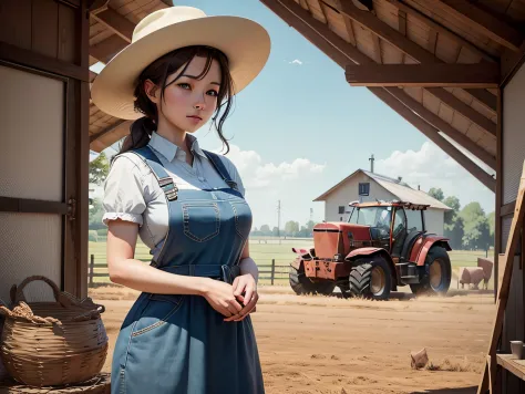 a woman who farms on a farm，with a hat，dress like a farmer in the american west in the 18th century。the overall style of the pic...