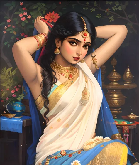 painting of a woman in a sari sitting on a chair, traditional beauty, portrait of a beautiful goddess, indian goddess, inspired ...