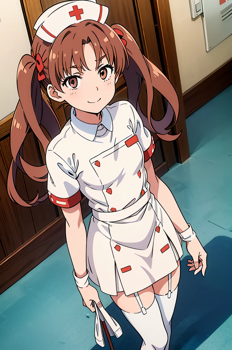 kuroko, twintails, brown eyes, brown hair, flat chest, solo, nurse, ((white nurse cap, white nurse's outfit)), ((white legwear, zettai ryouiki)), white gloves, smile, standing, hospital room, sharp outline, short sleeves, best quality, masterpiece