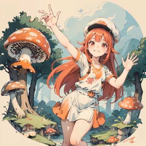 1girll, Long orange-red hair, Red eyes, dress, (Solo:1.3),Simple drawing, Mushrooms and girls, Cute, Big smile, Mushrooms + Mush...