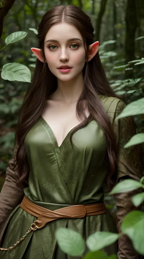 foto raw, realistic female elf, beautiful eyes, charming beauty, full body closeup, magical forest background, into the woods, d...