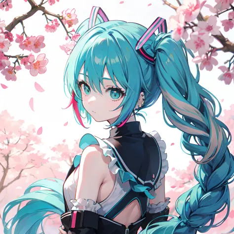 from adobe,miku hatsune,Stand under a cherry tree,Sakura blizzard,Looks Back,（Solo,(Dreadlocks:1.4),Drill Hair,afro,Ponytail,two...