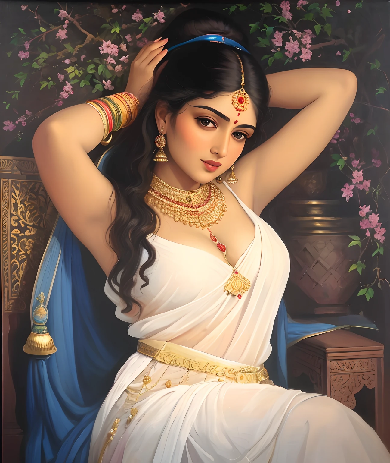 Bathing woman, gorgeous, Masterpiece,8k uhd, hdr, realistic, hyper realistic, intricate, vibrant colour, painting of a woman in a sari sitting on a chair, traditional beauty, inspired by Raja Ravi Varma, indian art, by Raja Ravi Varma, painting of beautiful, inspired by T. K. Padmini, painting of a woman, by Sardar Sobha Singh, gorgeous woman, oil on canvas painting, traditional painting, oil-painting