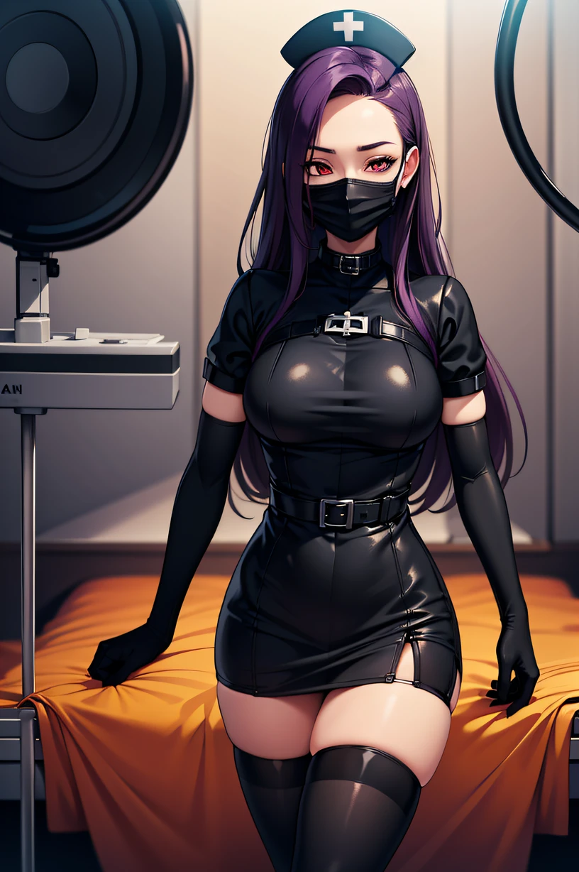 black nurse, 1woman, black nurse cap, black wear, ((black legwear, zettai ryouiki)), black elbow gloves, long hair, purple hair, red eyes, ((black surgical mask, covered nose)), standing, ((surgery room)), sharp outline, short sleeves, mature female, 35 years old, best quality, masterpiece