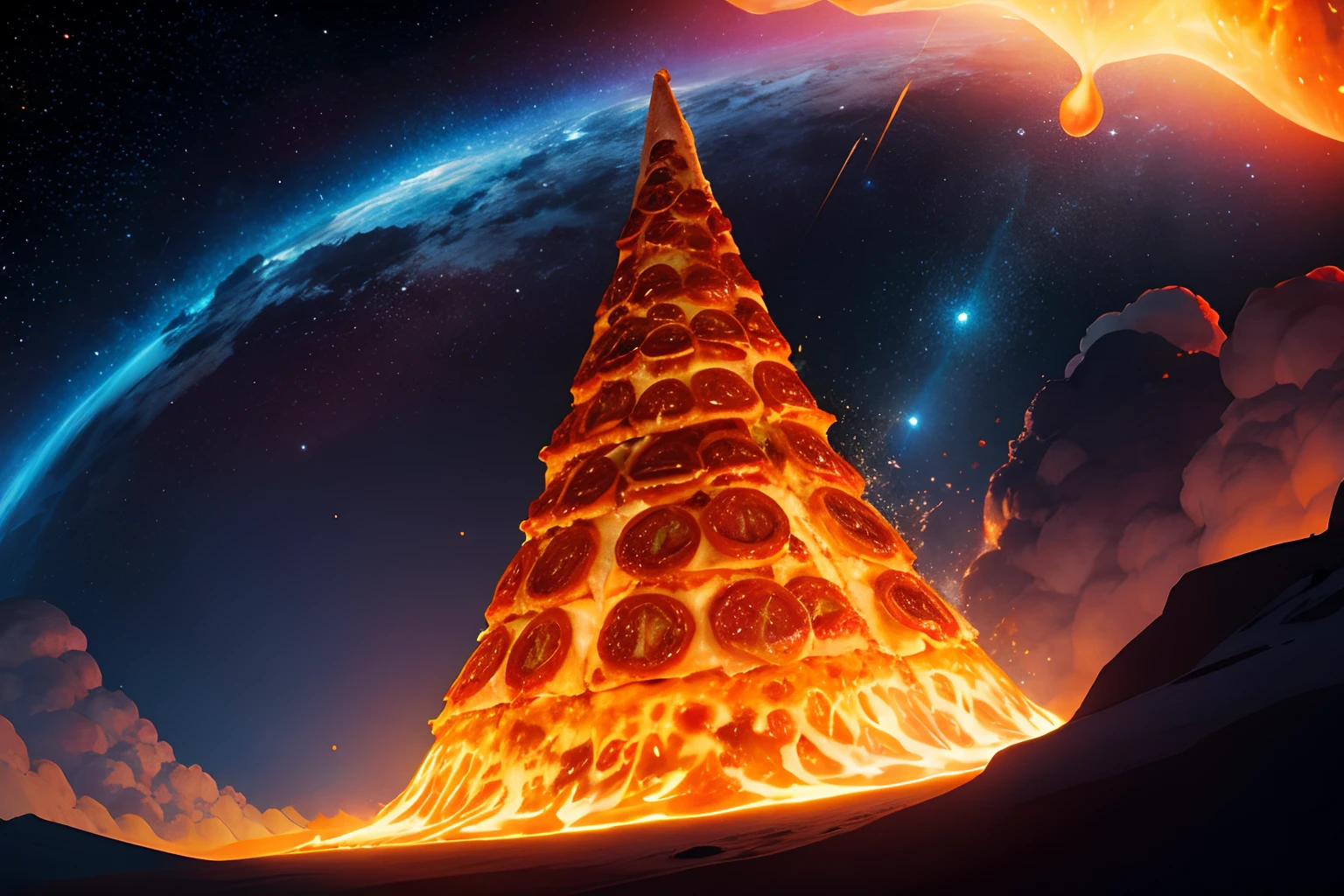 Volcán de pizza en erupción, Pizza brillante, Fondo del universo, escenario