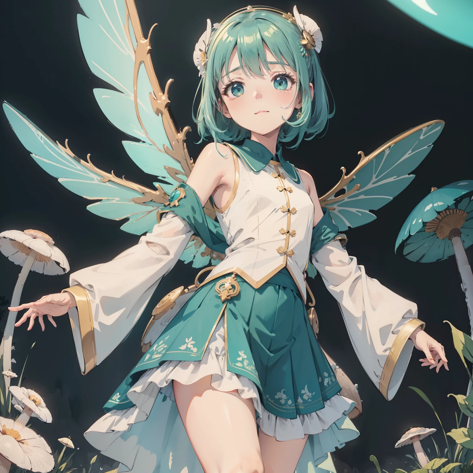 Beautiful and aesthetic,, Solo,Cute,Aqua green,pleatedskirt，Dance，It has dragonfly-like wings and membrane wings，Cogumelos，Mushrooms，Huge mushrooms，spore，(glowing ambiance, enchanting glow, luminouslighting, Ethereal atmosphere,Watercolor illustration, Perfect anatomy, Masterpiece, Best quality, 1girll, Loli,elementary student,Nature, landscape