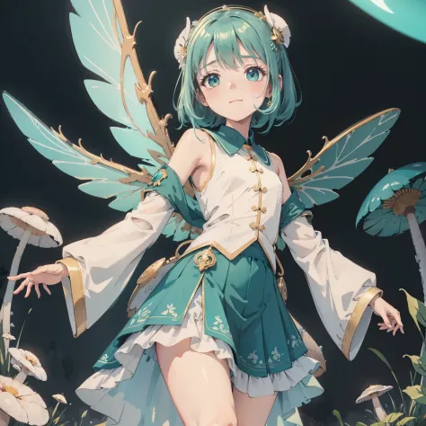 Beautiful and aesthetic,, Solo,Cute,Aqua green,pleatedskirt，Dance，It has dragonfly-like wings and membrane wings，Cogumelos，Mushr...