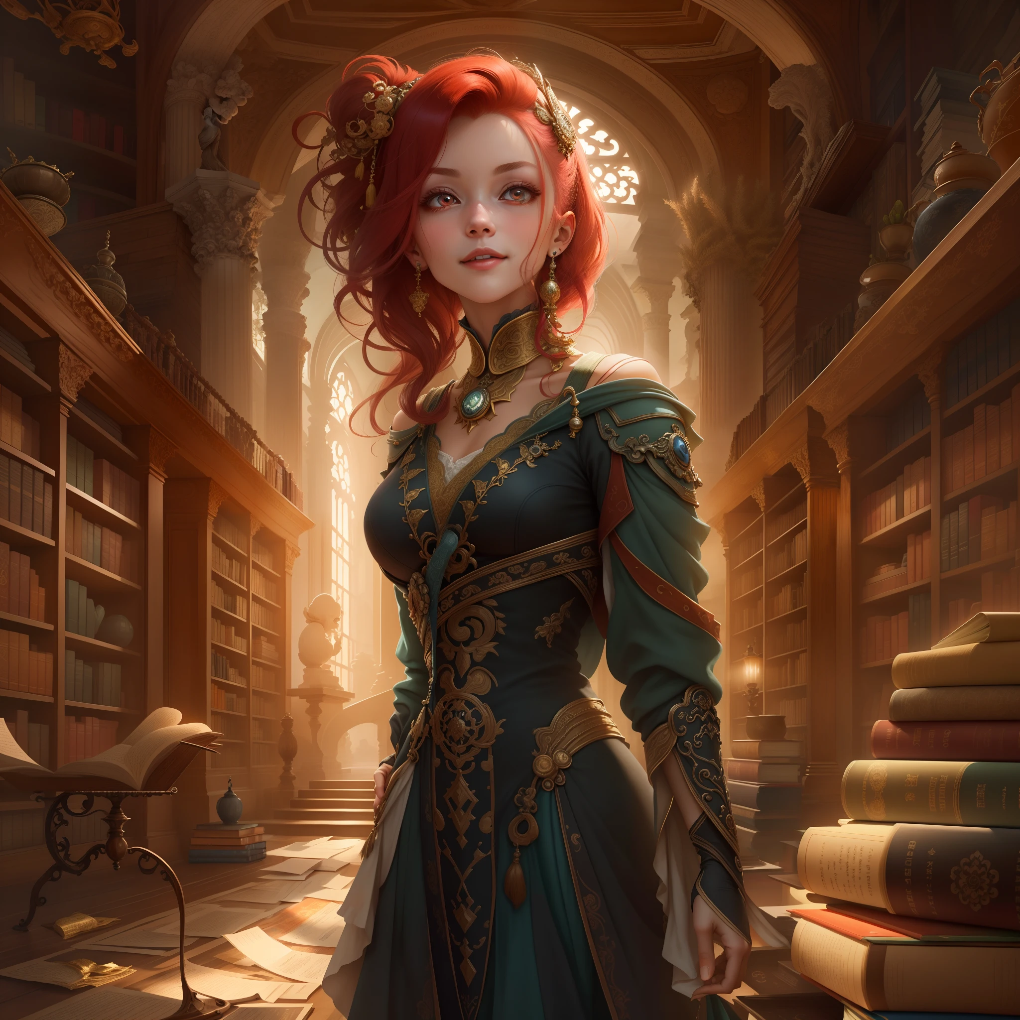 in a futuristic world, Advanced technology permeates the surrounding environment. The atmosphere is full of mystery and wonder. The scene is set in the library, The shelves are filled with ancient books and scrolls, Create a sense of knowledge and history. A lonely girl stands in the middle of the library, Flip through the tirades gracefully, Intricate scrolls. Her appearance is eye-catching, Bob's tailor-made hairstyle accentuates her delicate facial features. Her skin was pale, Almost ethereal, with a vibrant, Colorful hair ran down her back. Her eyes are fascinating, Shining brightly，Add an otherworldly feel. Although her lips were closed, She had a charming smile on her face, Hint at the secrets of her heart. Her red eyes, Piercing and sturdy, Convey strength and vulnerability. She leaned against the bookshelf for support, Show off her elegant posture.