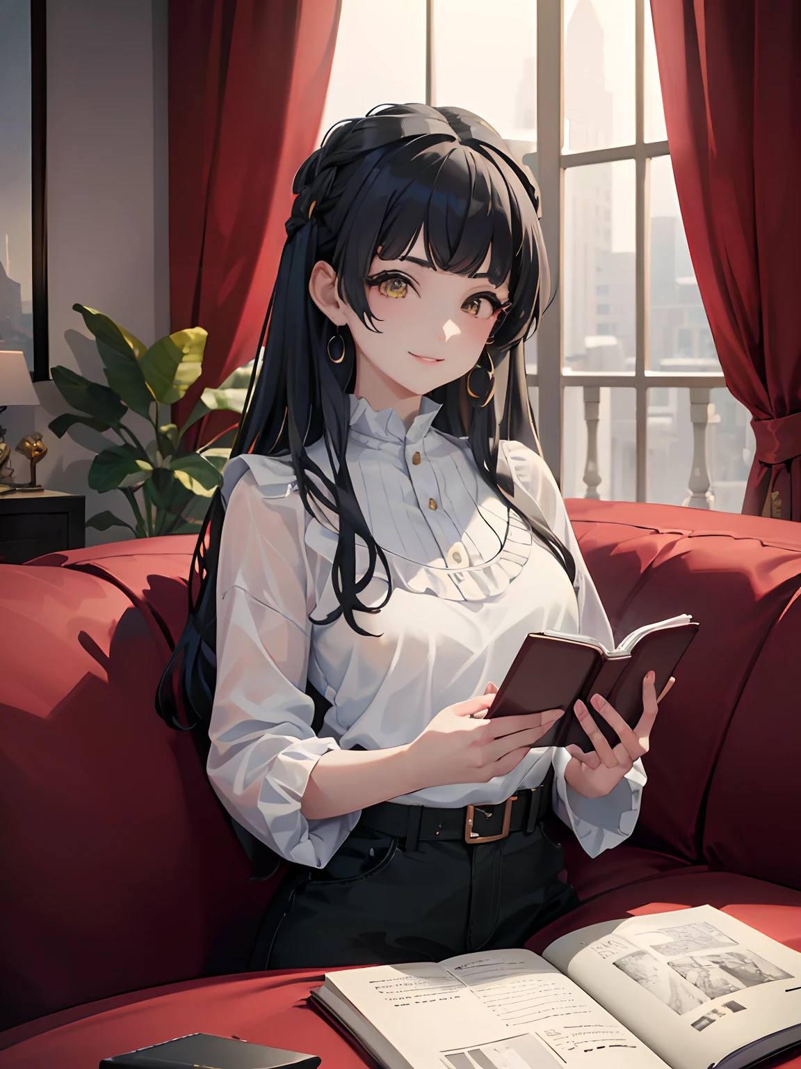 masterpiece, best quality, NSFW, 1girl, black hair, ,yellow eyes, plain white shirt, panties, living room, smiling, reading a book, detailed facial features, realistic and high resolution (best quality, 4k, 8k, highres, masterpiece:1.2).