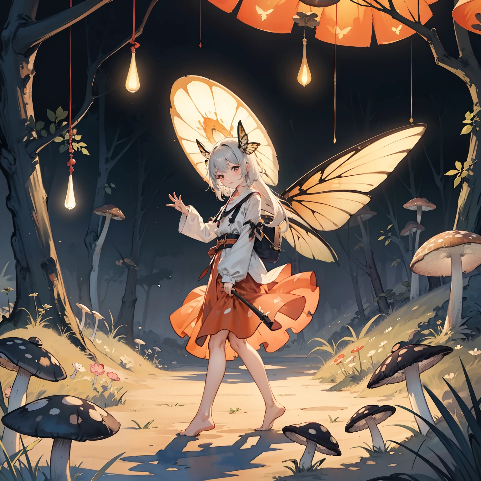 Beautiful and aesthetic,, Solo,Cute,Orange,pleatedskirt，Dance，It has dragonfly-like wings and membrane wings，Cogumelos，Mushrooms，Huge mushrooms，spore，(glowing ambiance, enchanting glow, luminouslighting, Ethereal atmosphere,Watercolor illustration, Perfect anatomy, Masterpiece, Best quality, 1girll, Loli,elementary student,Nature, landscape