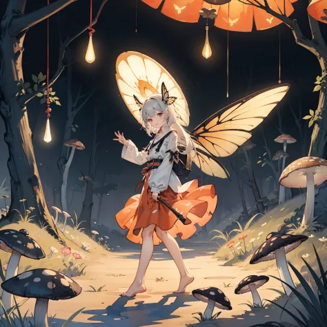 Beautiful and aesthetic,, Solo,Cute,Orange,pleatedskirt，Dance，It has dragonfly-like wings and membrane wings，Cogumelos，Mushrooms...