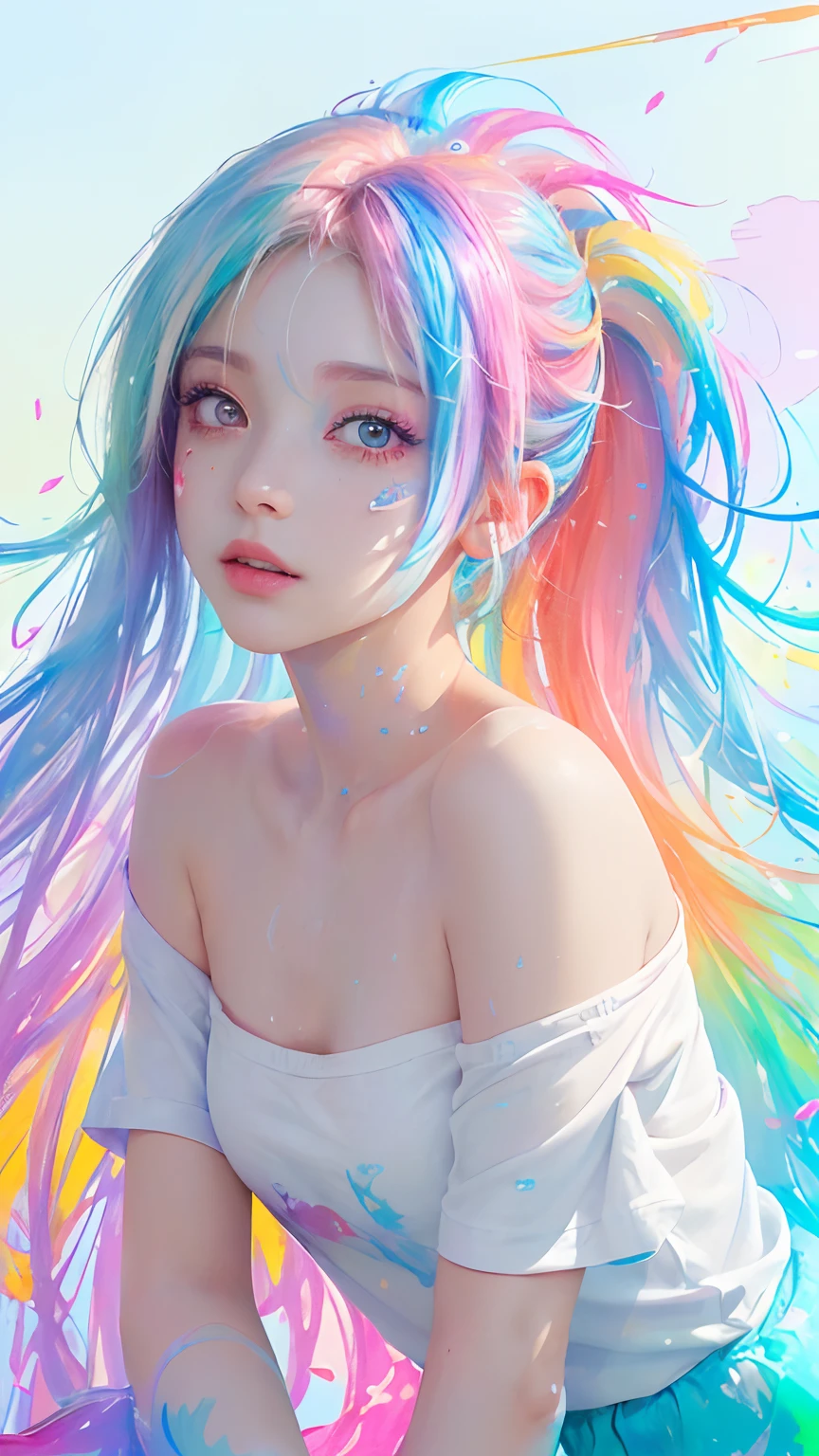 （Pink Fashion T-shirt：1.9），(Colorful hair: 1.8), (all the colours of the rainbow: 1.8),(((((vertical painting：1.6))), （painting：1.6），front, comics, illustrations, paintings, large eyes, crystal clear eyes,（ rainbow color gradient high ponytail：1.7）, exquisite makeup, closed mouth,(Small Fresh: 1.5),(Wipe Chest: 1.6) ，long eyelashes, white off shoulder T-shirt,  White Shoulder Shirt，looking at the audience, large watery eyes, (rainbow colored hair：1.6), color splash, （solo：1.8）, color splash, color explosion, thick paint style, messy lines, ((shining))，(colorful), (colorful), (colorful), colorful, Thick Paint Style, (Splash) (Color Splash), Vertical Painting, Upper Body, Paint Splash, Acrylic Pigment, Gradient, Paint, Highest Image Quality, Highest Quality, Masterpiece, Solo, Depth of Field, Face Paint,  colorful clothes, (Elegant: 1.2), gorgeous,long hair, wind, (Elegant: 1.3), (Petals: 1.4)，(((masterpiece))),(((best quality))),((ultra-detailed)),(illustration),(dynamic angle),((floating)),(paint),((disheveled hair)),(solo),(1girl) , (((detailed anima face))),((beautiful detailed face)),collar,bare shoulders,white hair, ((colorful hair)),((streaked hair)),beautiful detailed eyes,(Gradient color eyes),(((colorful eyes))),(((colorful background))),(((high saturation))),(((surrounded by colorful splashes))),