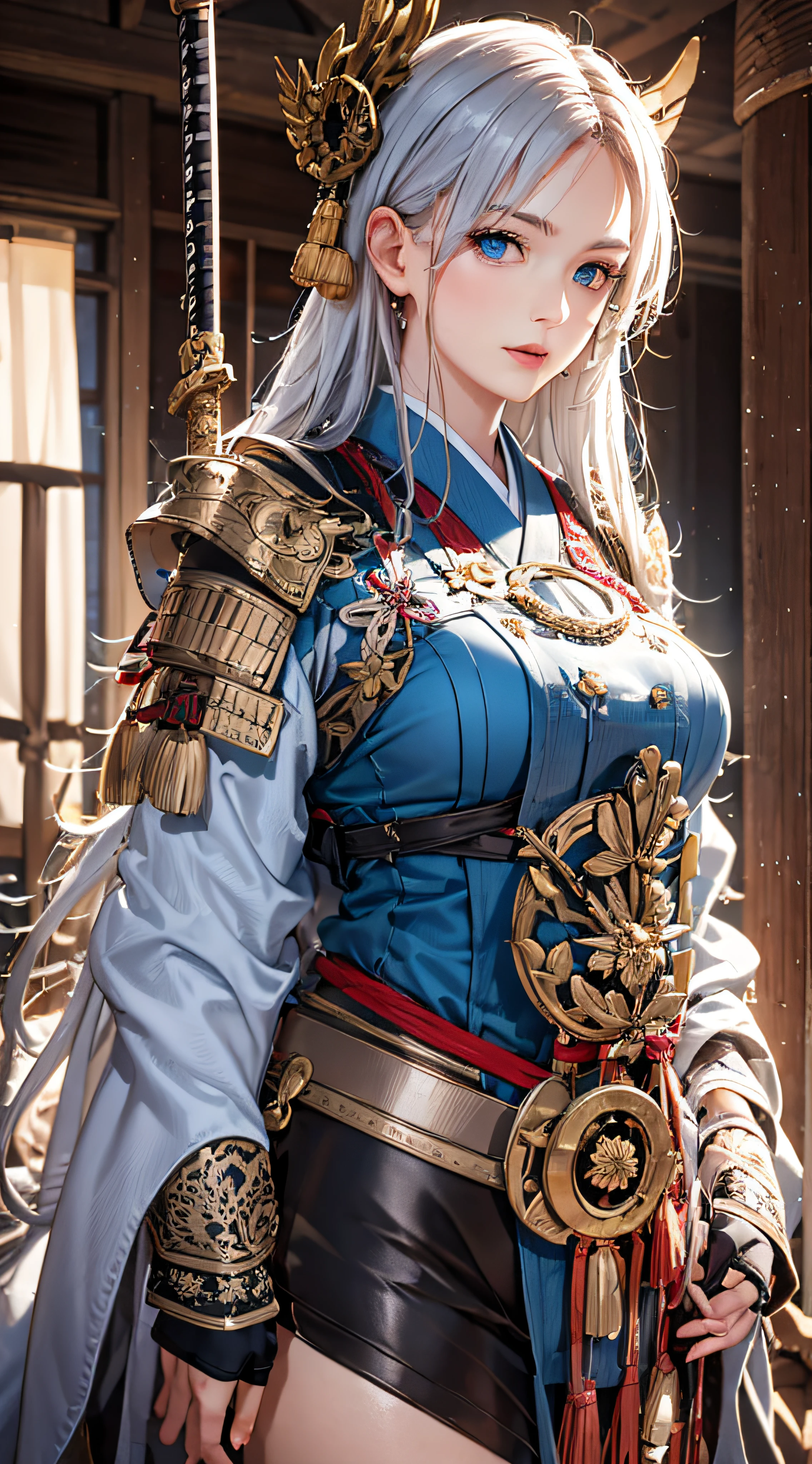 Photorealistic, masutepiece, Photorealistic, High resolution, Soft light, hips up high, Blue eyes, White hair, Long hair, Intricate details EABA, cloaks, spear, Samurai, armor, Japanese Katana Sword, Warrior, Samurai Helmet、A bell hangs on his chest