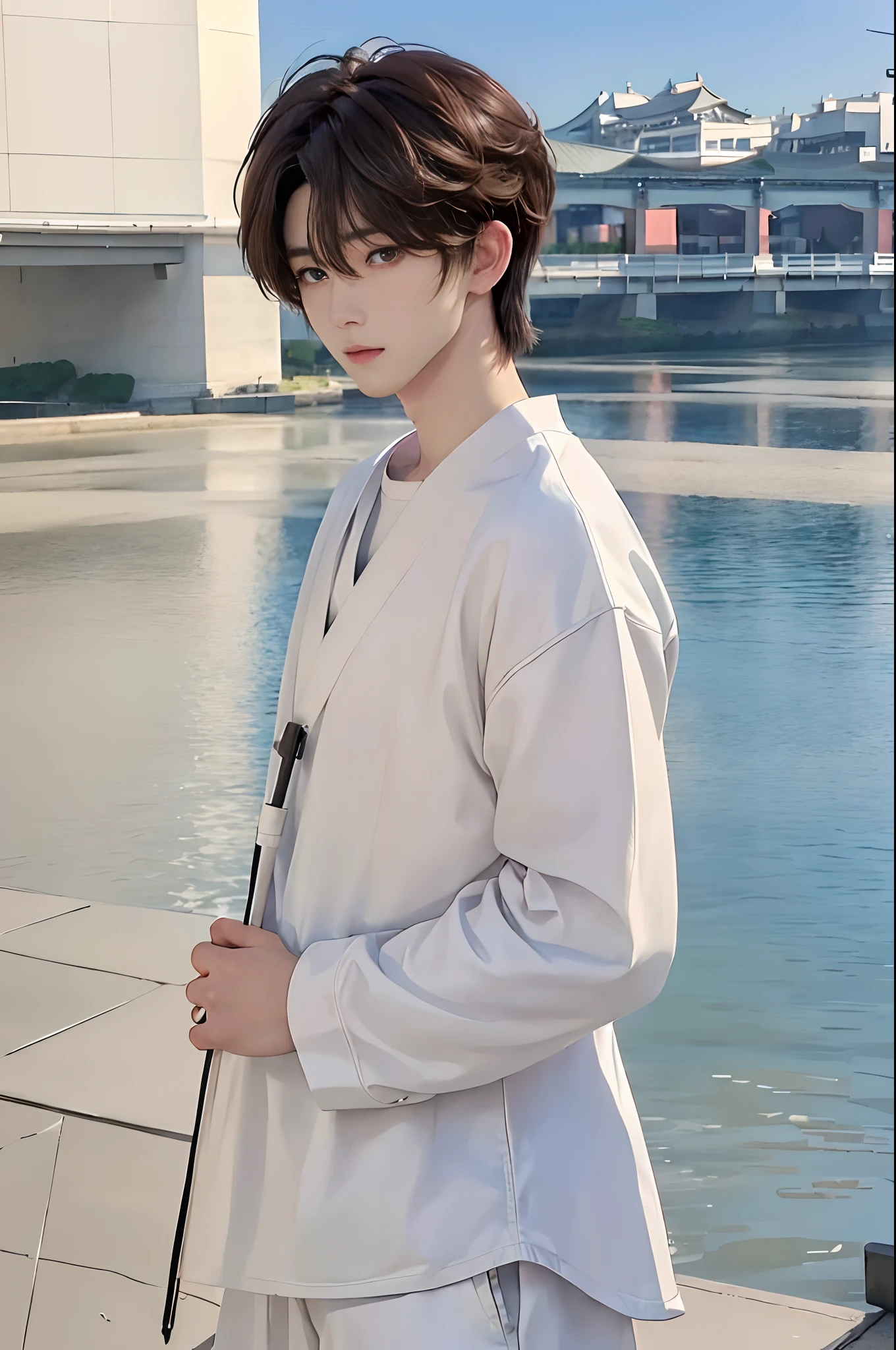 masterpiece、top-quality)、One Manly Boy、Slim body、((Black and white casual  clothes:1.1))、(Detailed beautiful eyes)、In the Han River、Face similar to  Chaewon in Le Selefim、((short hair above the ears))、((Smaller  face))、((Neutral face))、((Light ...
