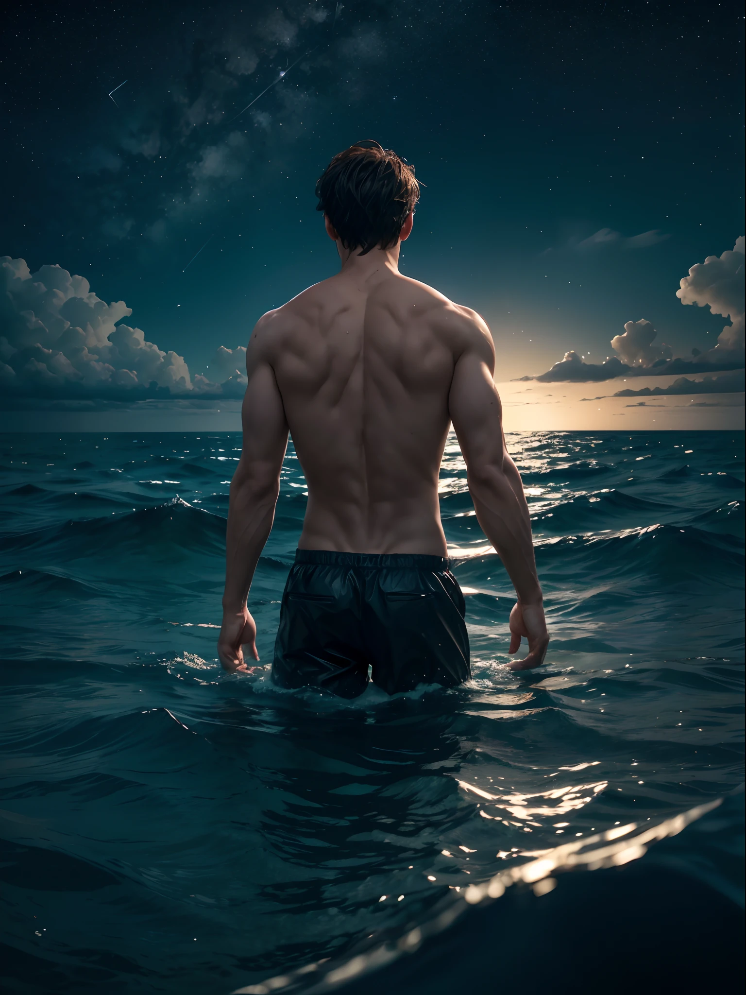 un hombre, en un mar, con la mitad de su cuerpo sumergido en el agua, detrás de un cielo estrellado con una luna en el centro