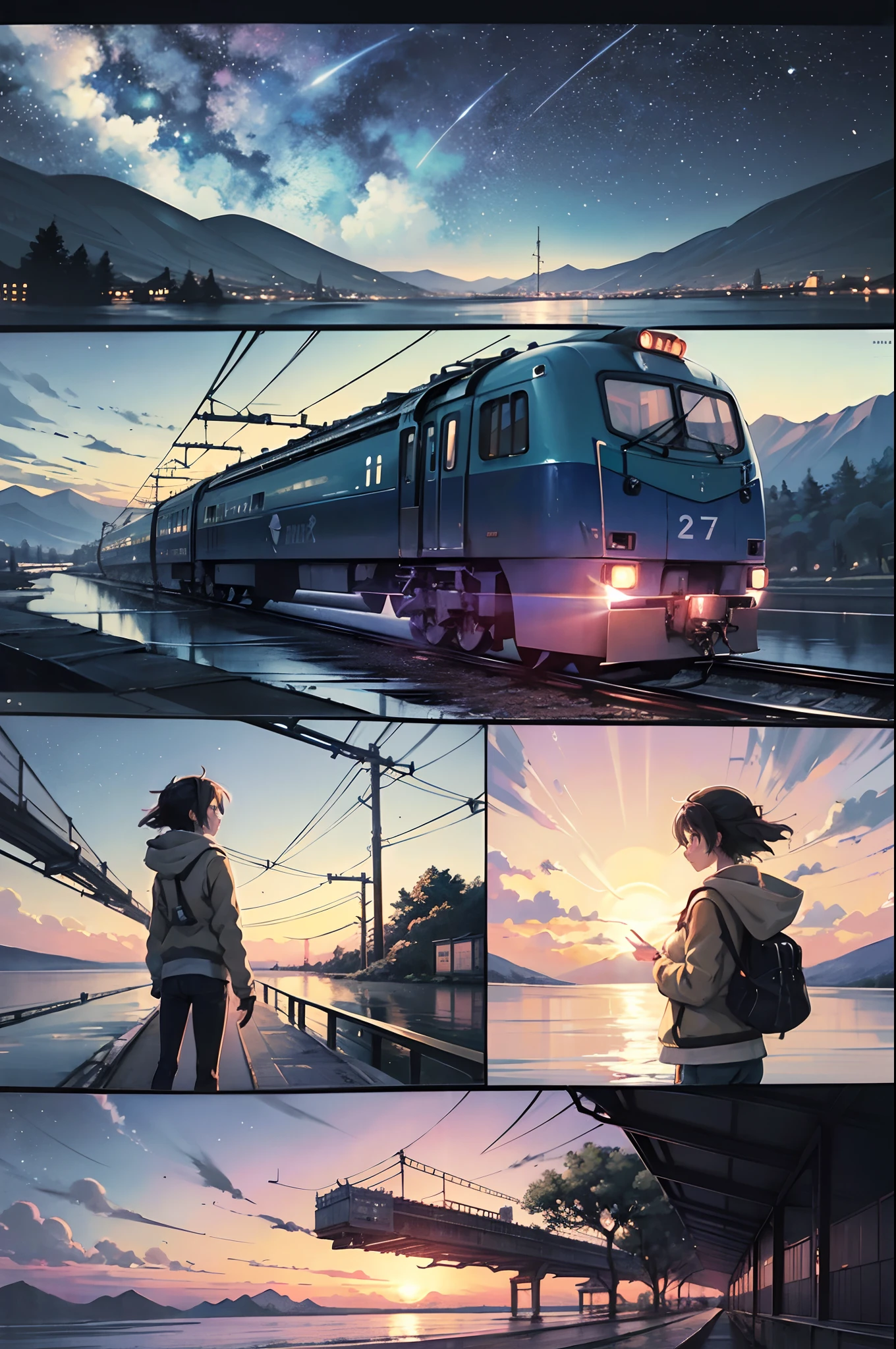 tira cómica，División de dibujos animados，Guión gráfico，obra maestra, Tren de anime que atraviesa cuerpos de agua sobre vías., cielo estrellado brillante. Tren Romántico, Imagen de Makoto Shinkai, Pisivo, arte conceptual, estilo lofi style, reflexión. por Makoto Shinkai, estilo lofi, hermosas escenas de anime, paisaje animado, Paisaje detallado: ancho 672, al estilo de makoto shinkai, El estilo de Makoto Shinkai, Detalle mejorado.