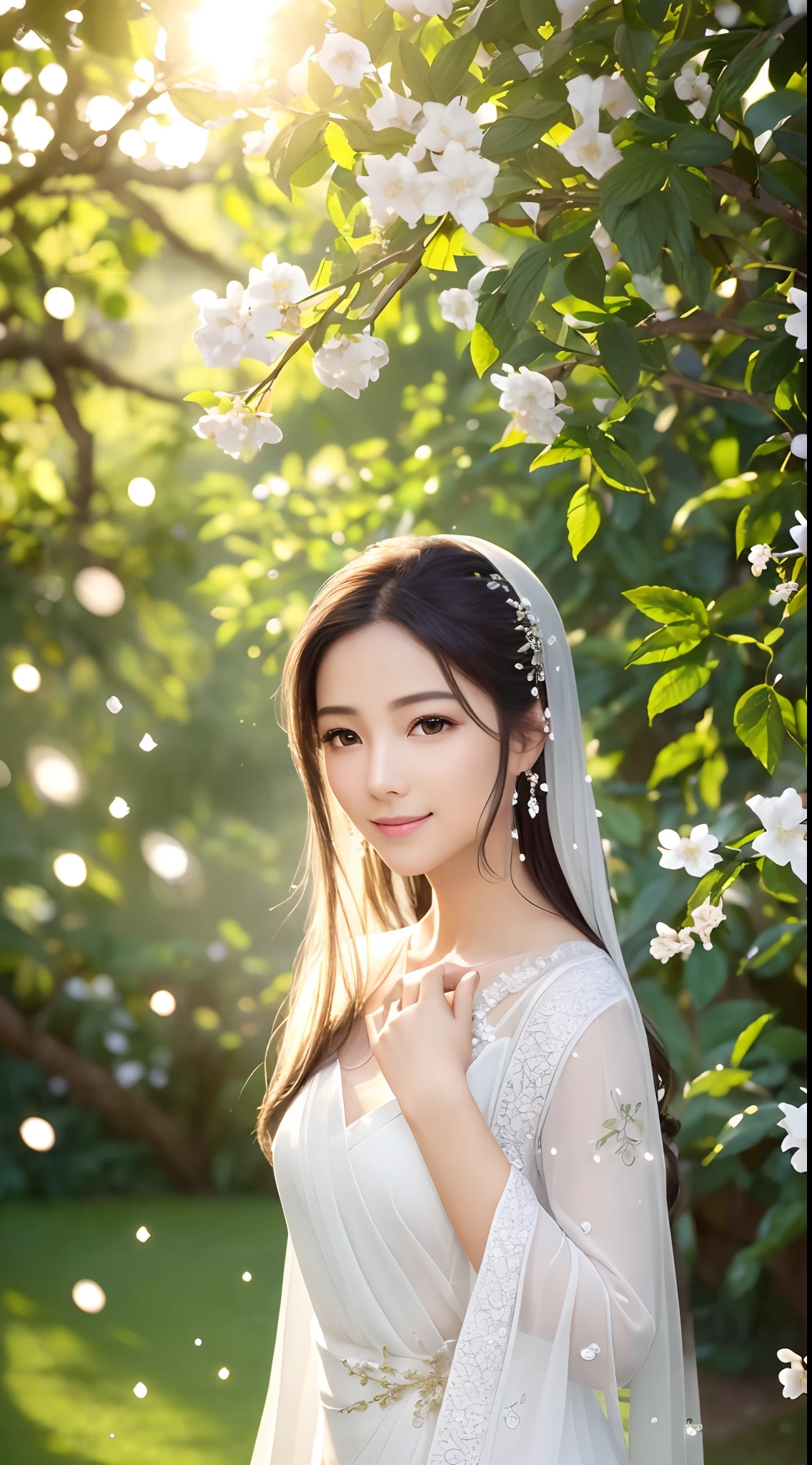 (Best quality,4K,A high resolution,Ultra-detailed,Realistic:1.37),Vivid colors,Sunlight,llight rays,bergamot,white blossoms,Beautiful girl,Exquisite features,Flowing hair,Serene expression,Garden setting,Elaborate dress,Soft sunlight,Gentle breeze,Cheerful ambiance,Backlit scene,a hint of smile,ethereal glowing,Fresh in the morning,Long shadows,harmony of nature,subtle reflections,Natural beauty,Twinkling dewdrops,Clear detail,serenity and calm,Sublime ingredients,Arrive at the branch,whispering leaves,Aromatherapy petals,with light glowing,Sparkling highlights,Subtle shadows,Soft focus,Sublime beauty,Whisper natural,Fantastical Atmosphere,Illuminated background.