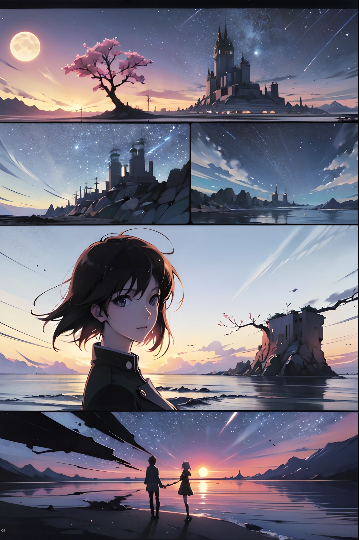 tira cómica，División de dibujos animados，Guión gráfico，obra maestra, Magos del anime caminan por grandes extensiones de agua de mar, cielo estrellado brillante. Flores de cerezo románticas, Imagen de Makoto Shinkai, Pisivo, arte conceptual, estilo lofi style, reflexión. por Makoto Shinkai, estilo lofi, hermosas escenas de anime, paisaje animado, Paisaje detallado: ancho 672, al estilo de makoto shinkai, El estilo de Makoto Shinkai, Detalle mejorado.