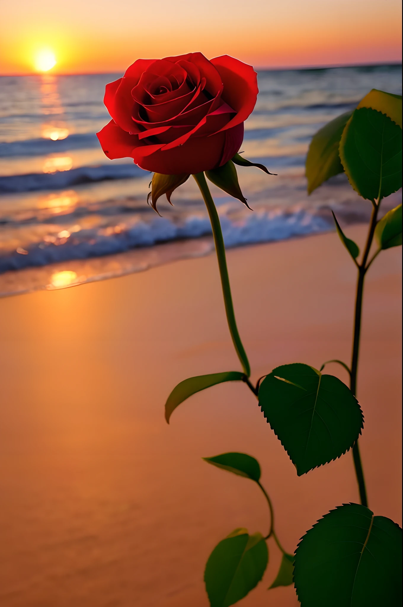 There is a rose that is on the beach at sunset - SeaArt AI