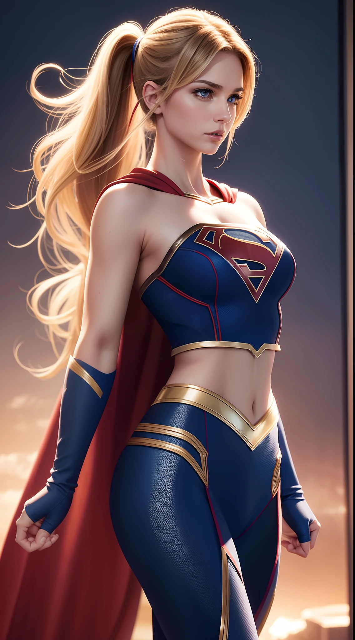 Supergirl sexy em traje midriff, side view,  athletic and fit body, malcriado, Sacanagem, perfect hands, detailed hands, olhos perfeitos, Olhos detalhados,  Glamour, sexy, malcriado, Posando, Side hands and arms, peitos grandes e perky, Realistic, HDR, UHD, Dynamic