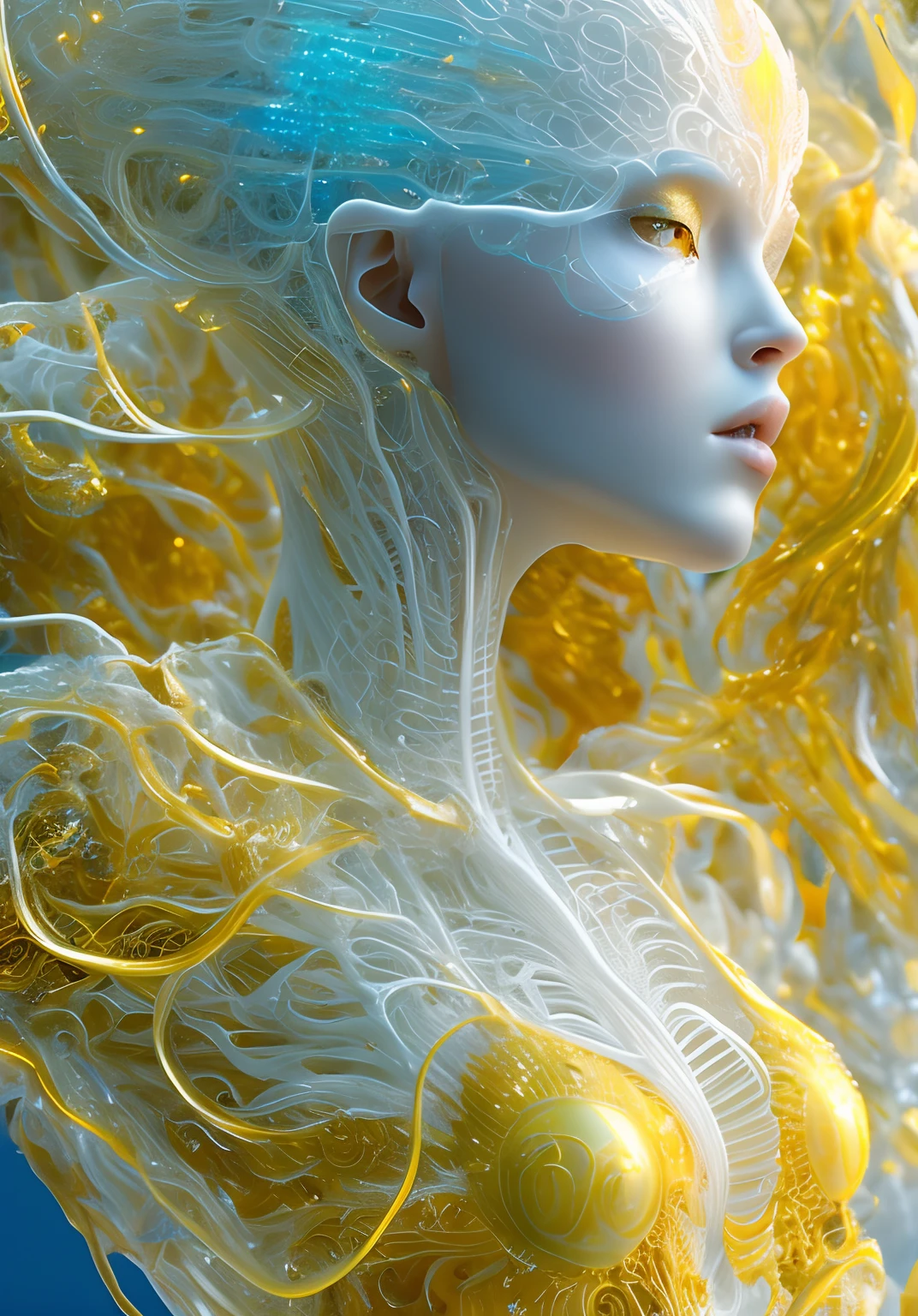 translucent women in biomechanical body, liquid cooling, intricate circuits, beautiful, elegant, white gradient with orang, yellow and golden smoke and blue crystal liquid, stunning, render, hyper realistic, octane render