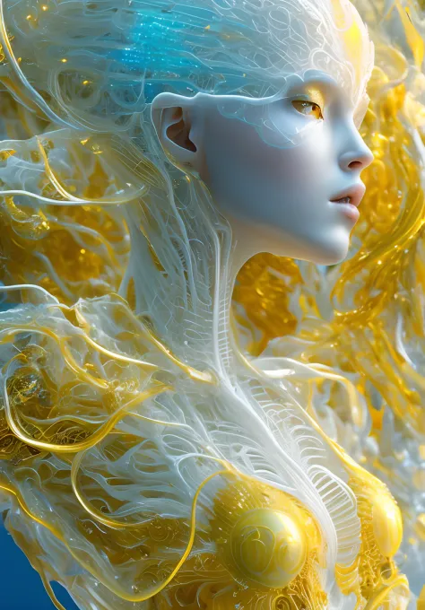 translucent women in biomechanical body, liquid cooling, intricate circuits, beautiful, elegant, white gradient with orang, yell...