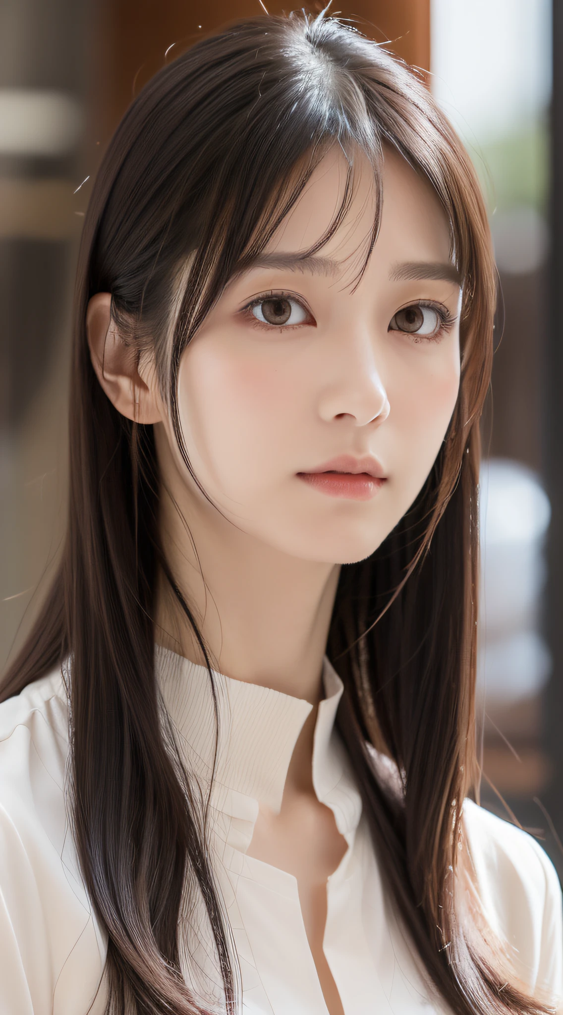 1 adult female, (up of face:1.5), Black hair, Blunt bangs, hair behind ear, hair over shoulder, Long hair, Ultra Fine Face, Thin face, Delicate lips, (beautidful eyes:1.5), thin blush, eyes are light brown,View here, （Hands hide）, formal jackets, a choker ,Port Area ,One-person viewpoint,  8K, masutepiece, nffsw, Super Detail, High quality, Best Quality, hight resolution,